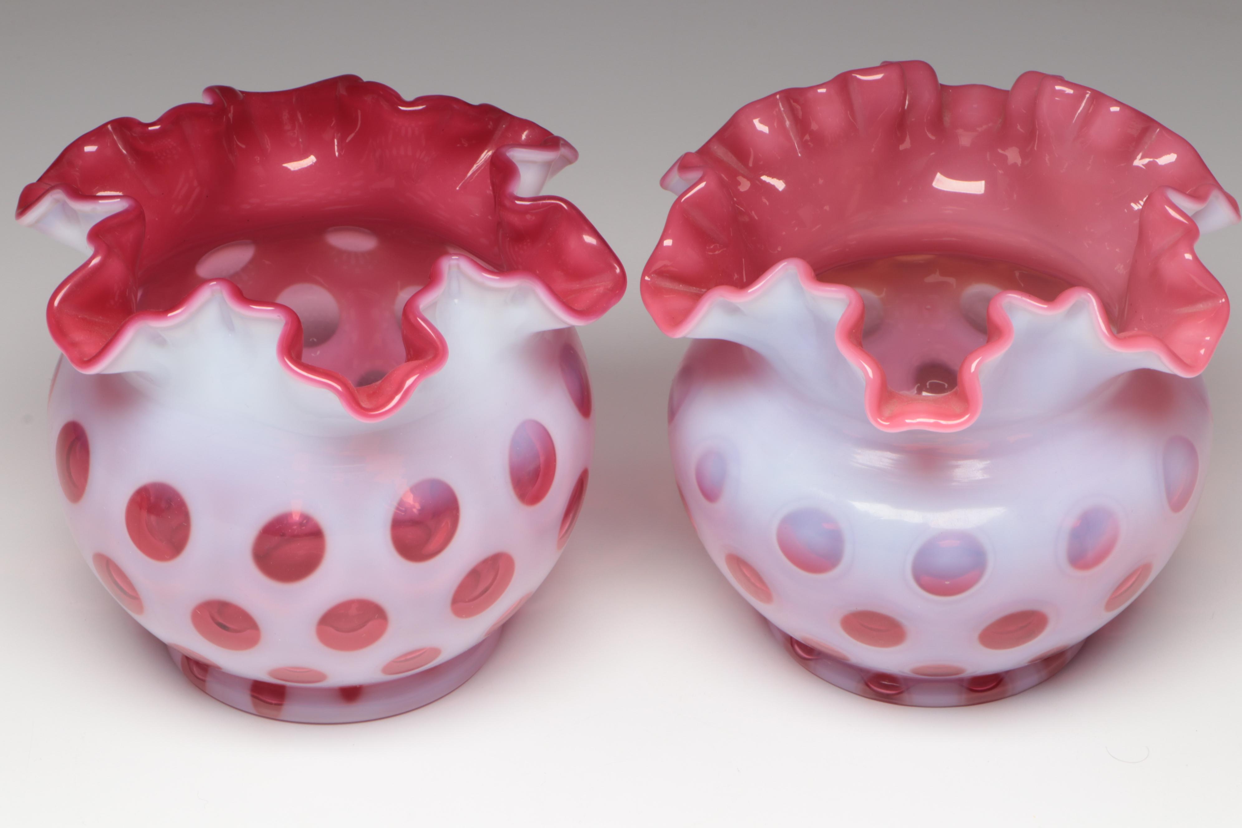 Fenton Cranberry Opalescent Optic Dot Crimped Vases