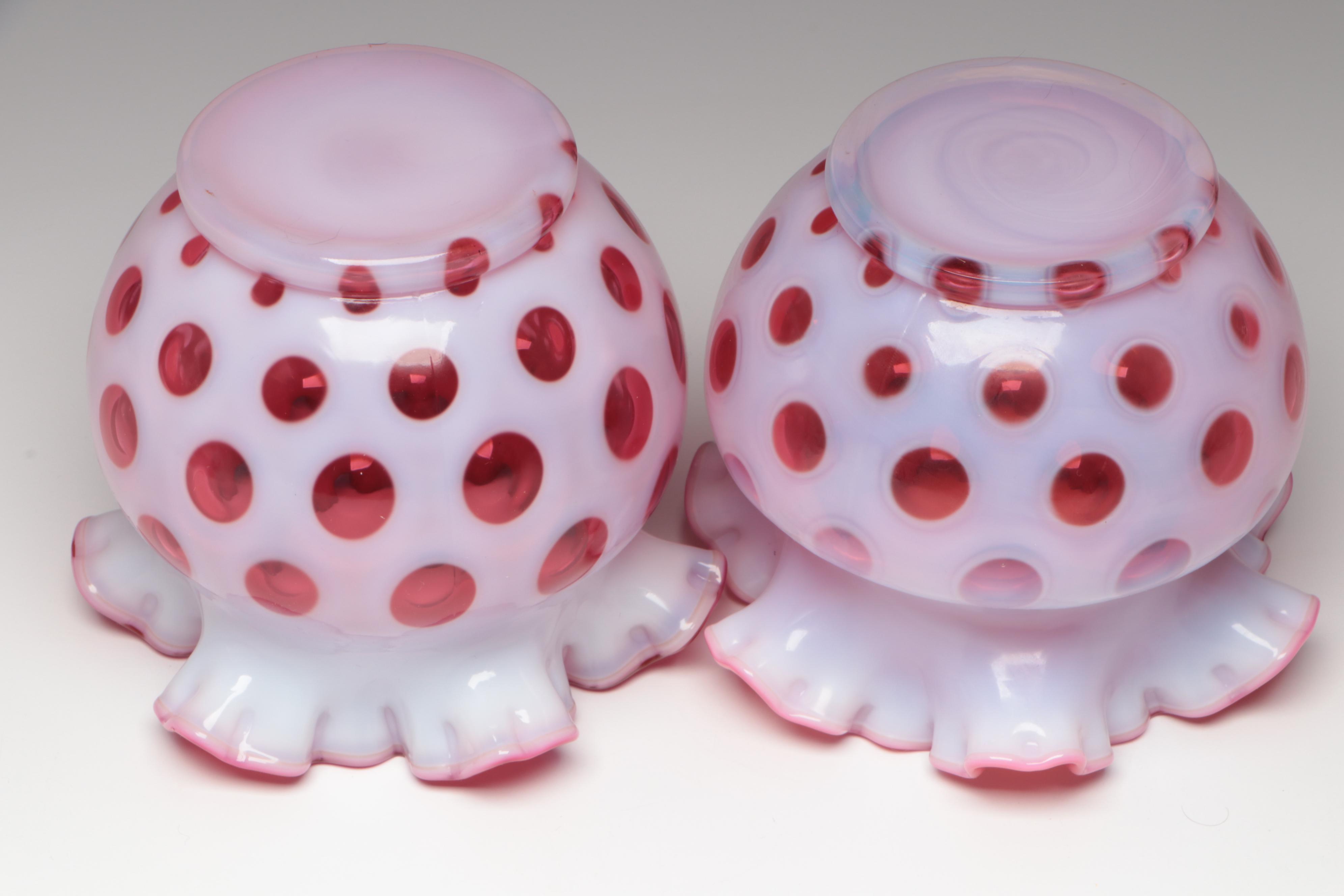 Fenton Cranberry Opalescent Optic Dot Crimped Vases