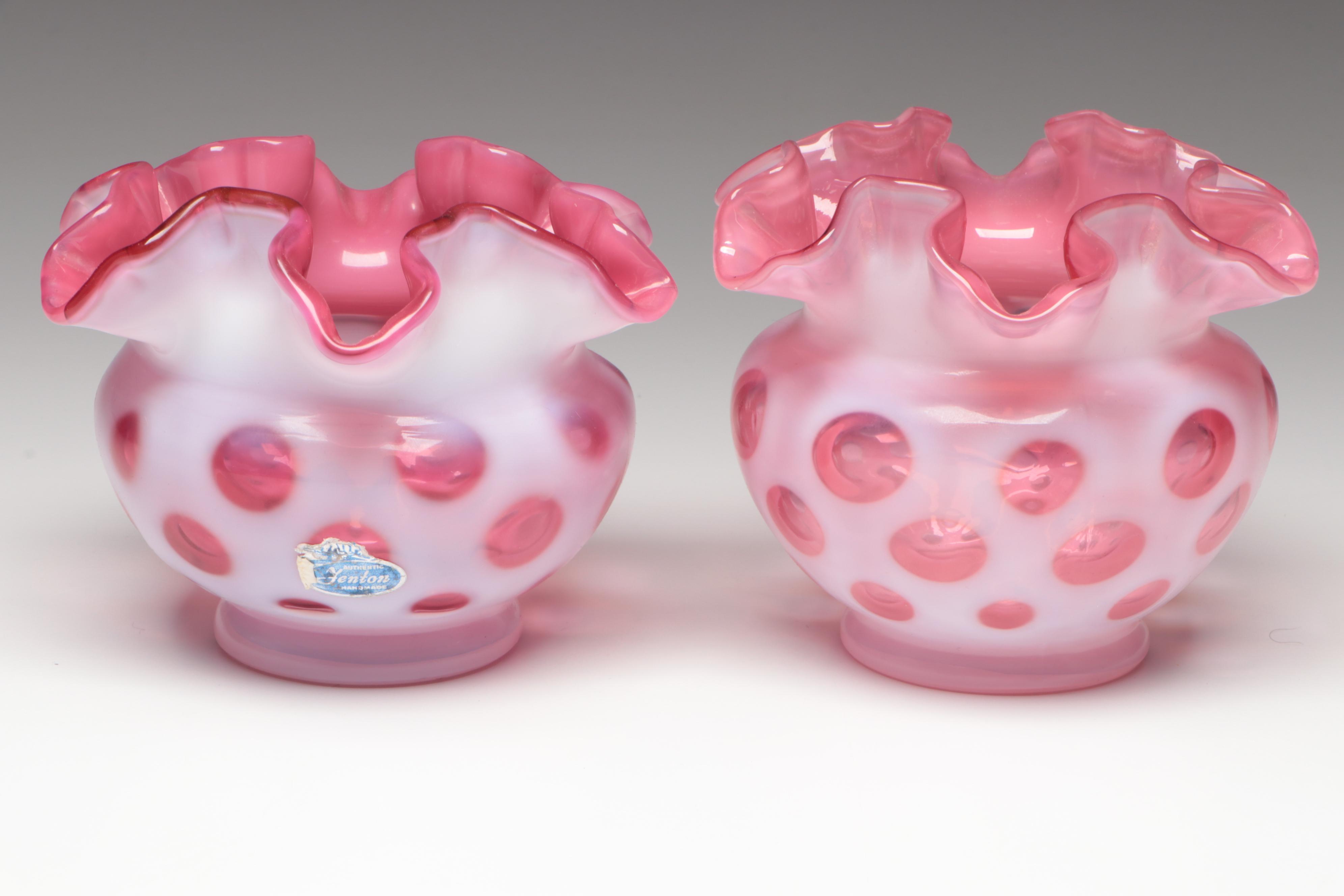 Fenton Cranberry Opalescent Optic Dot Crimped Vases