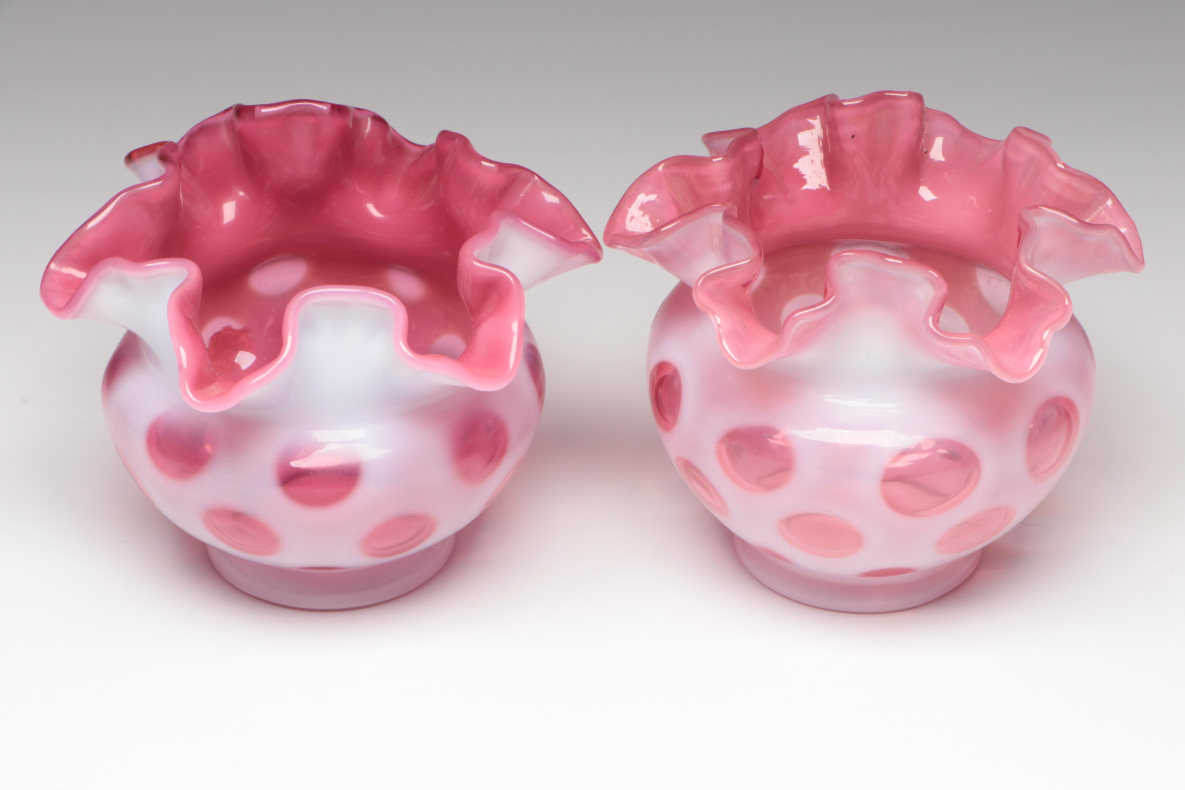 Fenton Cranberry Opalescent Optic Dot Crimped Vases