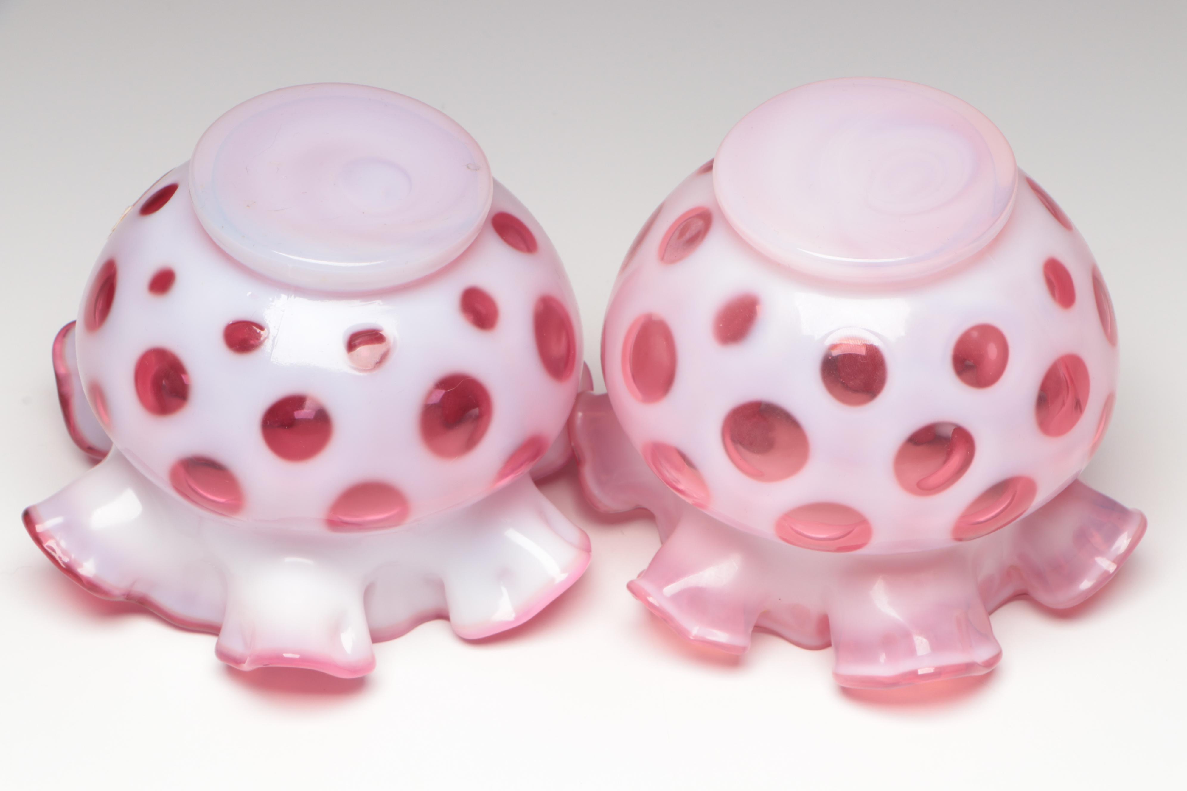 Fenton Cranberry Opalescent Optic Dot Crimped Vases