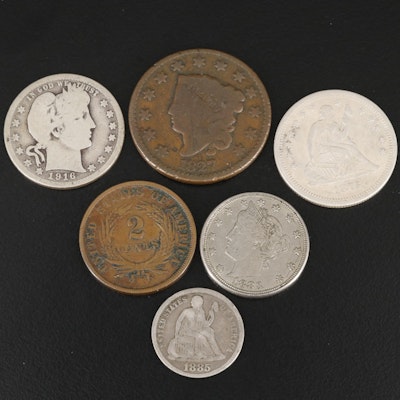 Collection of Six U.S. Type Coins with an 1827 Large Cent