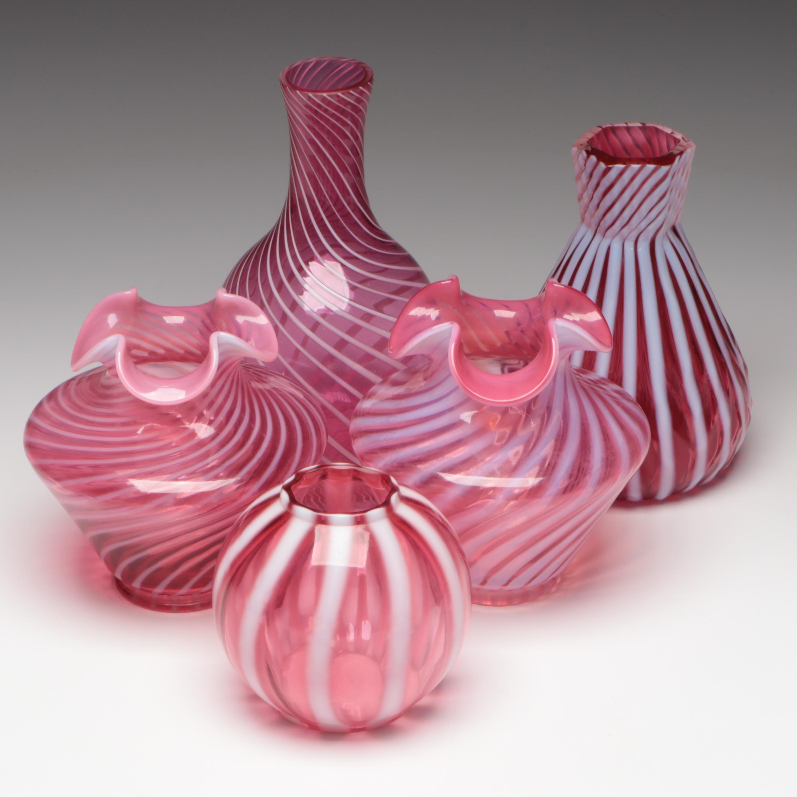 Fenton Cranberry Optic Swirl Art Glass Vases, Late 20th Century