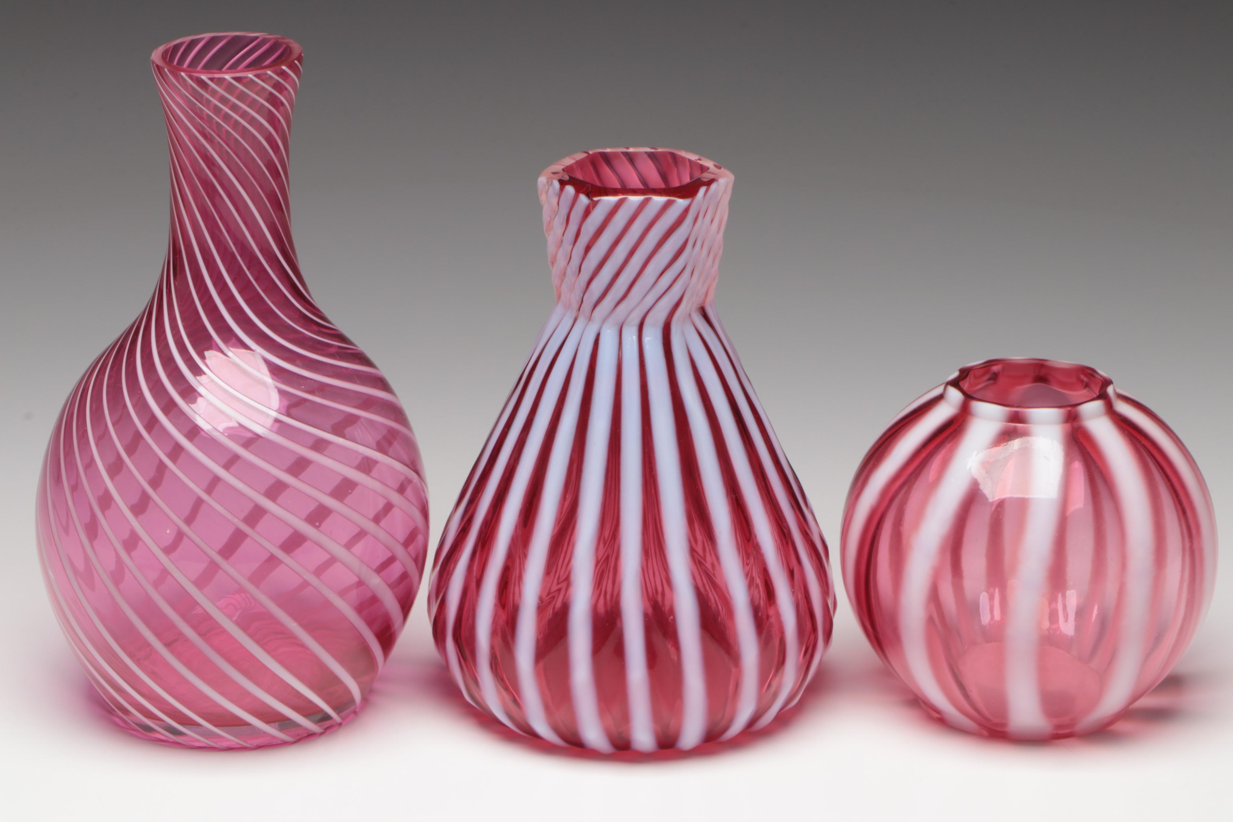 Fenton Cranberry Optic Swirl Art Glass Vases, Late 20th Century