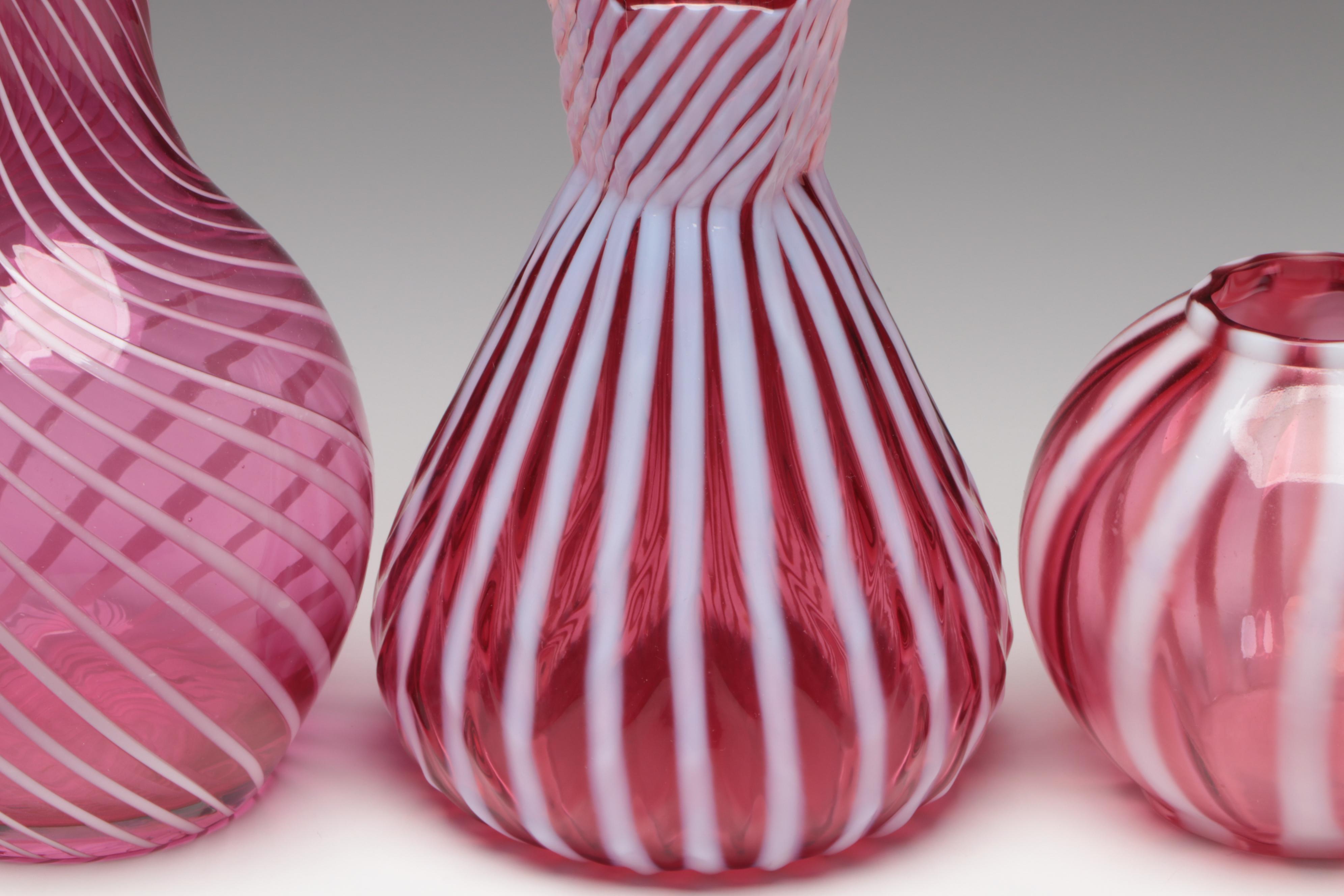 Fenton Cranberry Optic Swirl Art Glass Vases, Late 20th Century