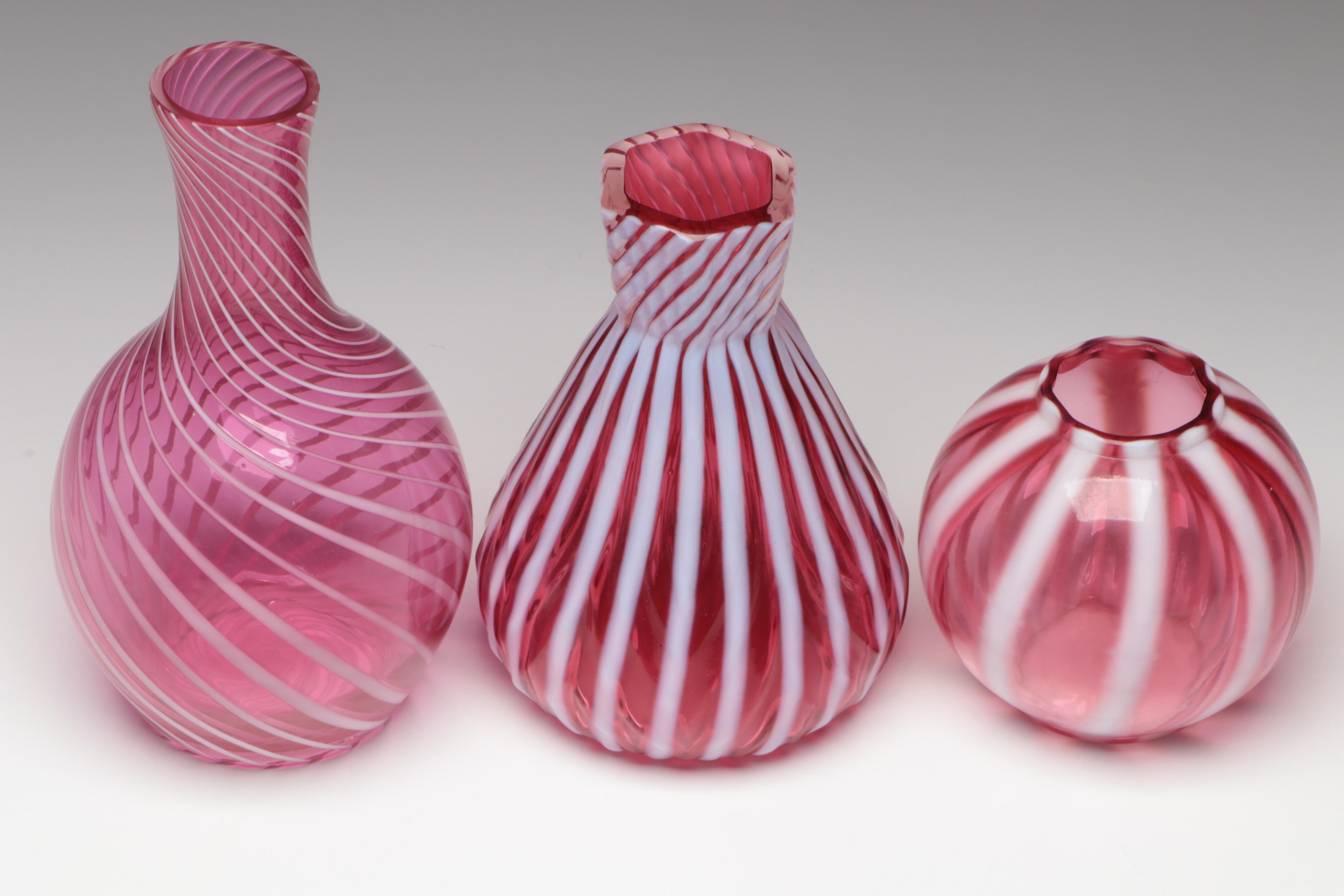 Fenton Cranberry Optic Swirl Art Glass Vases, Late 20th Century