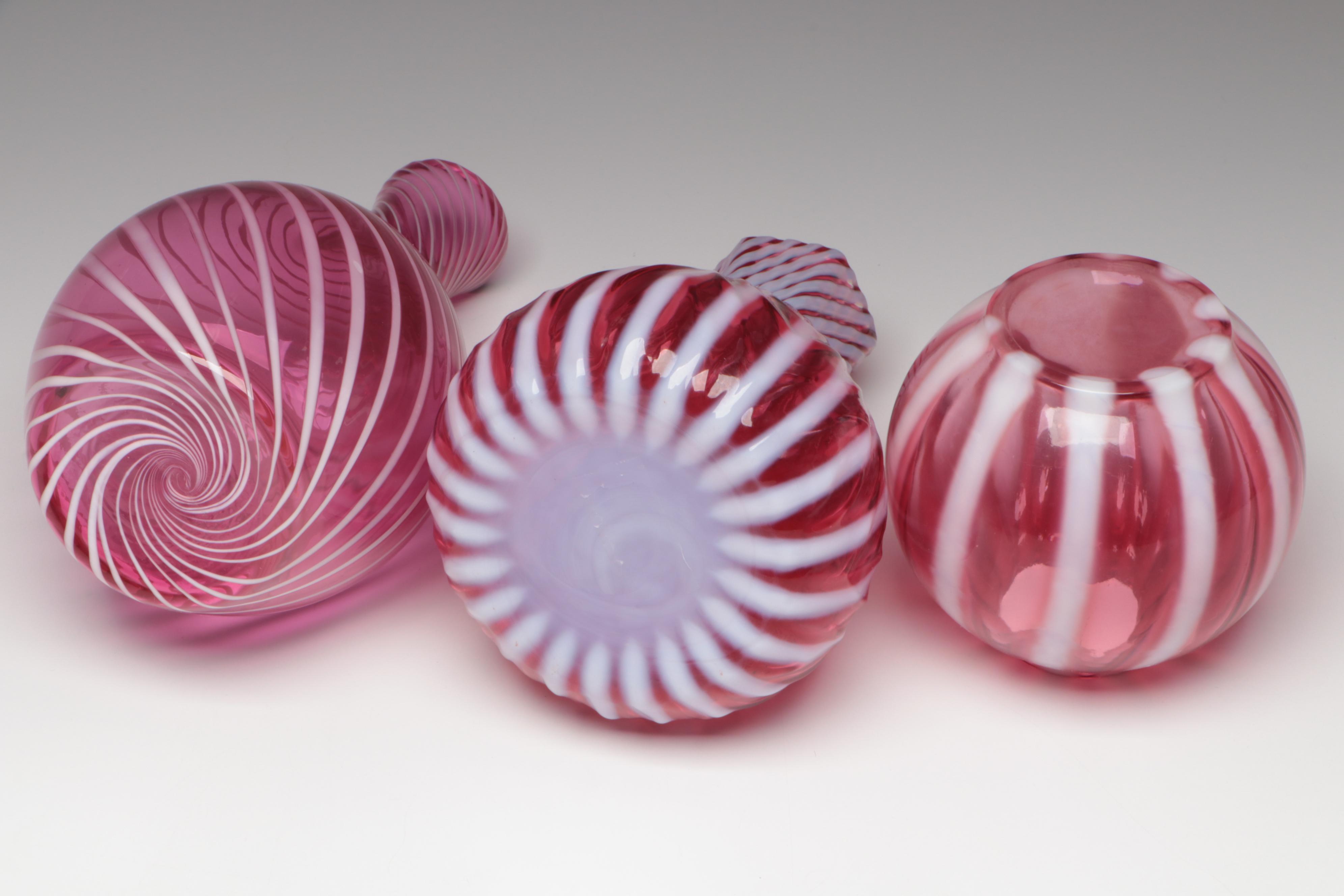 Fenton Cranberry Optic Swirl Art Glass Vases, Late 20th Century