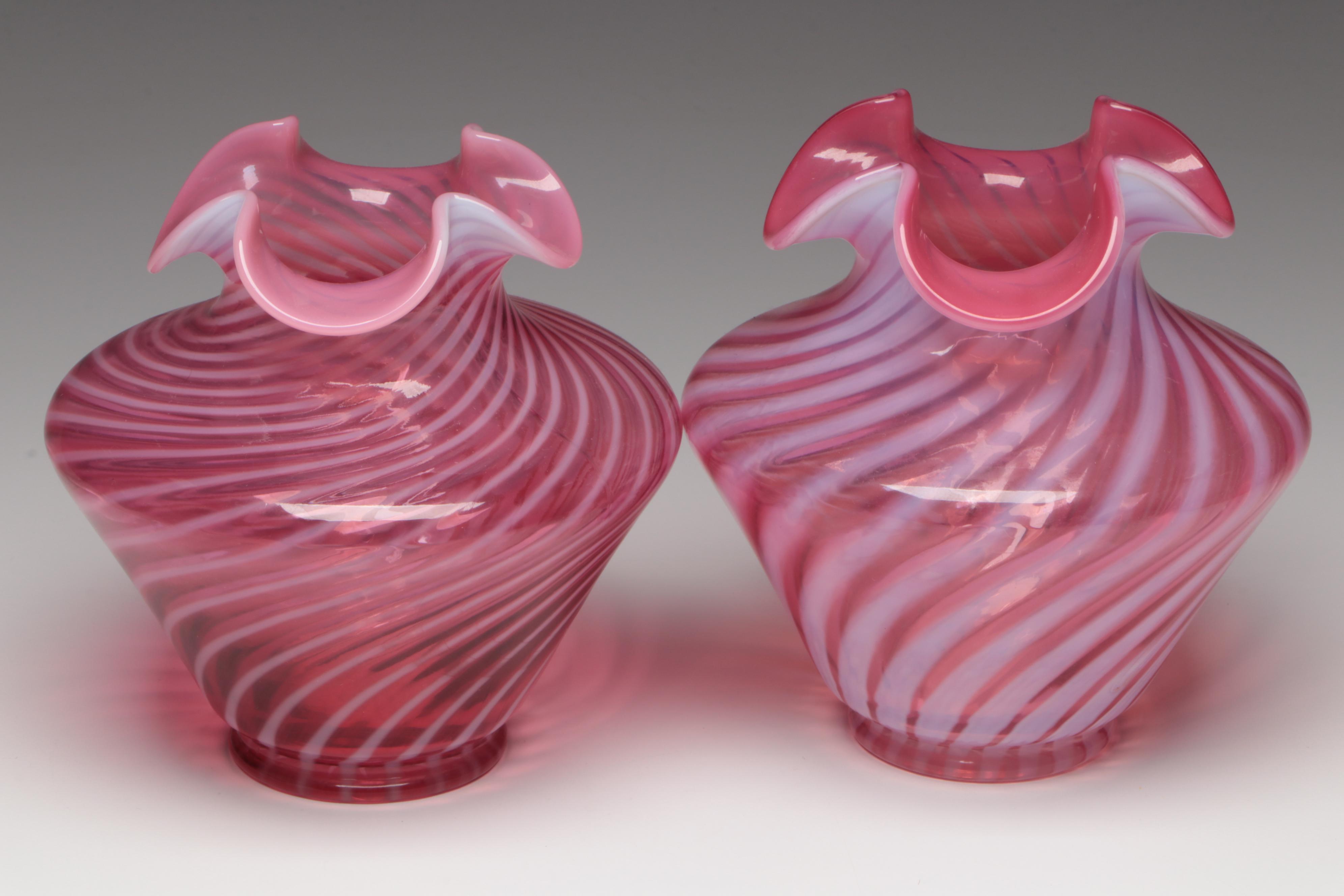 Fenton Cranberry Optic Swirl Art Glass Vases, Late 20th Century