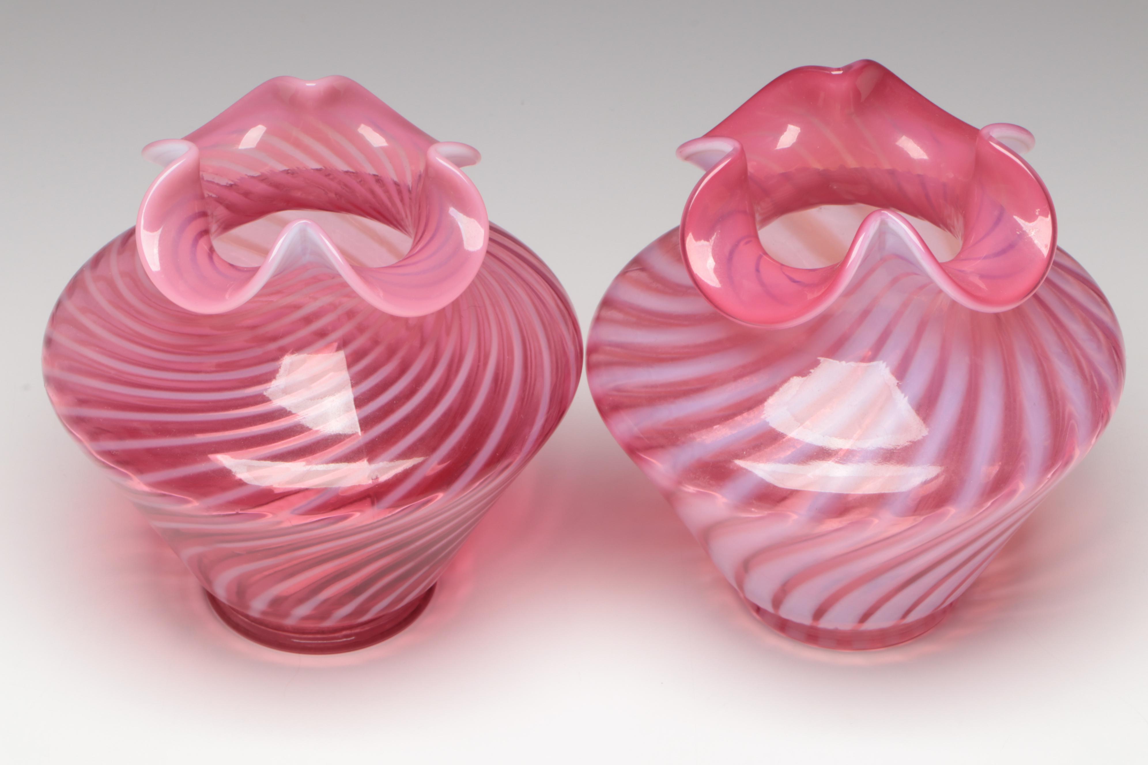 Fenton Cranberry Optic Swirl Art Glass Vases, Late 20th Century