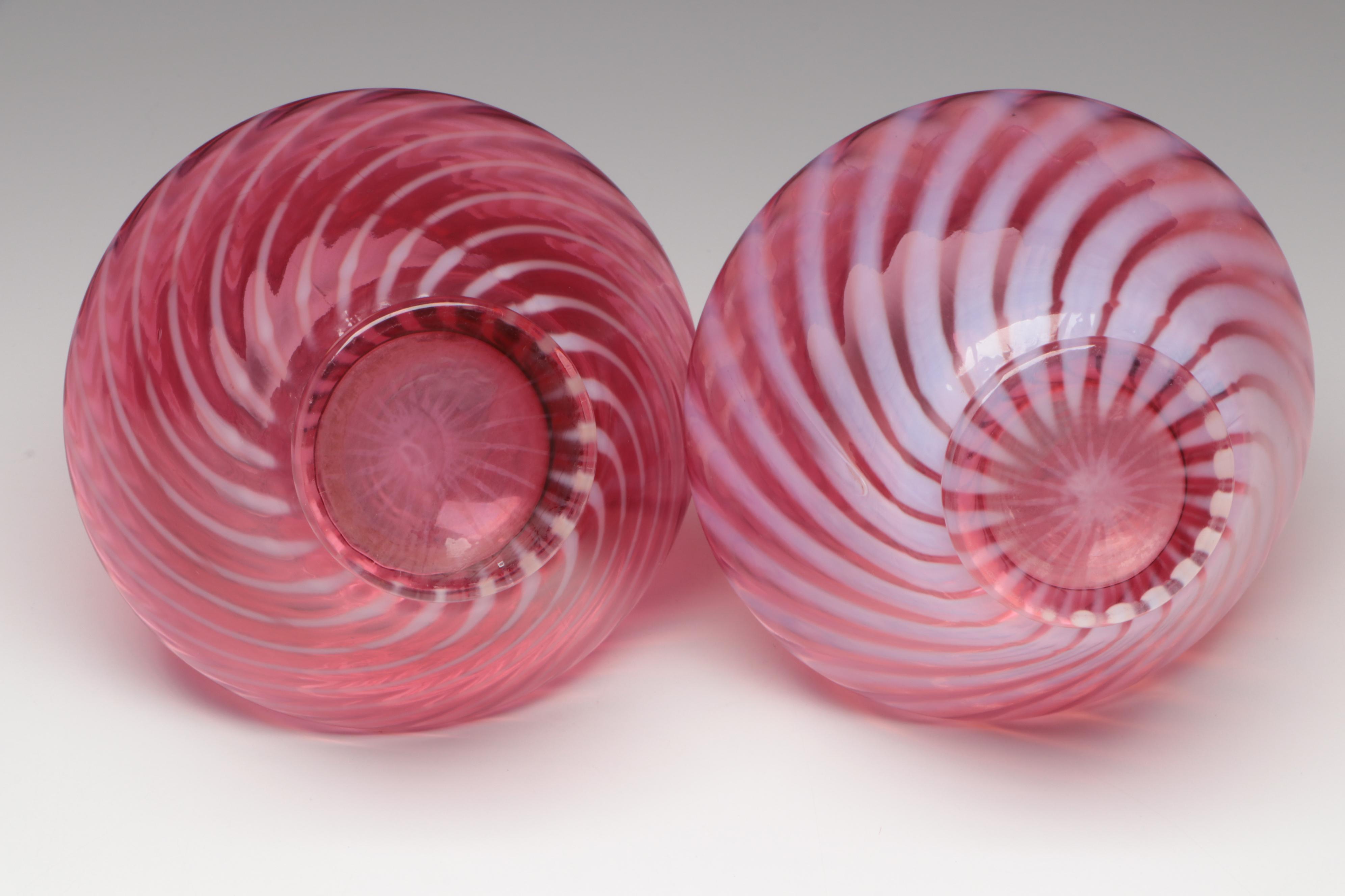 Fenton Cranberry Optic Swirl Art Glass Vases, Late 20th Century