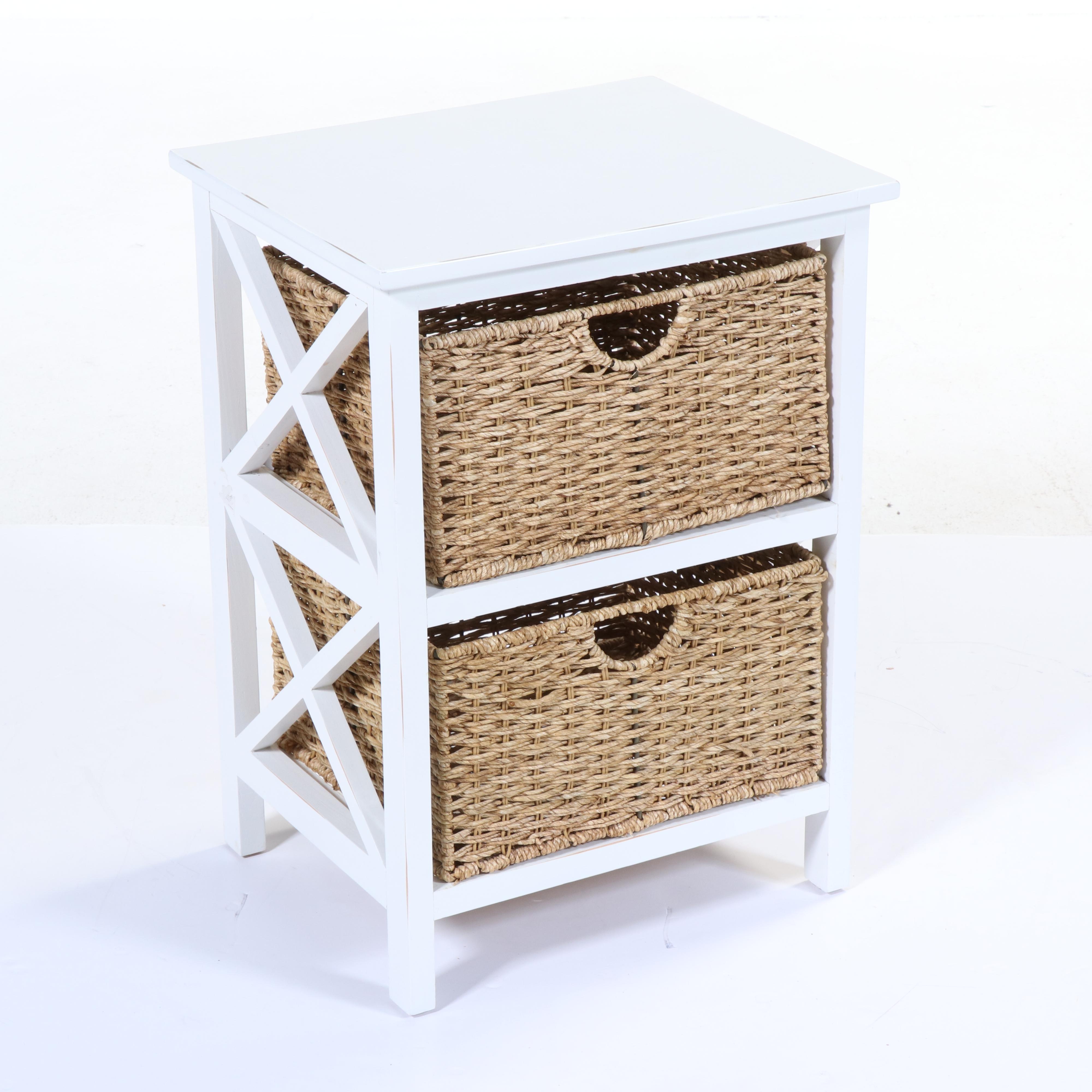 White Painted Wooden Storage Chest and End Table with Storage Baskets