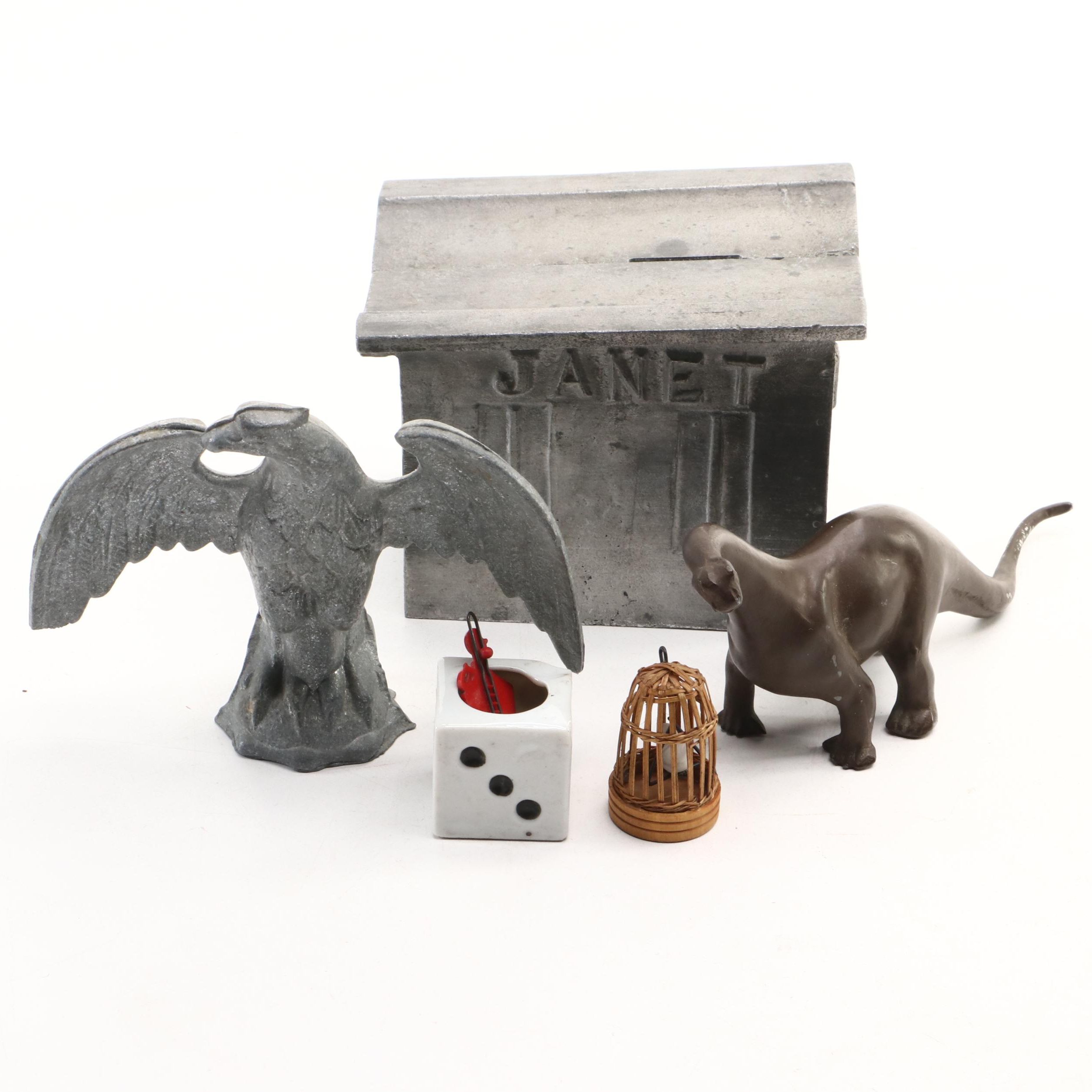 Metal Coin Bank, Dinosaur Figurine Dice Ashtray and More