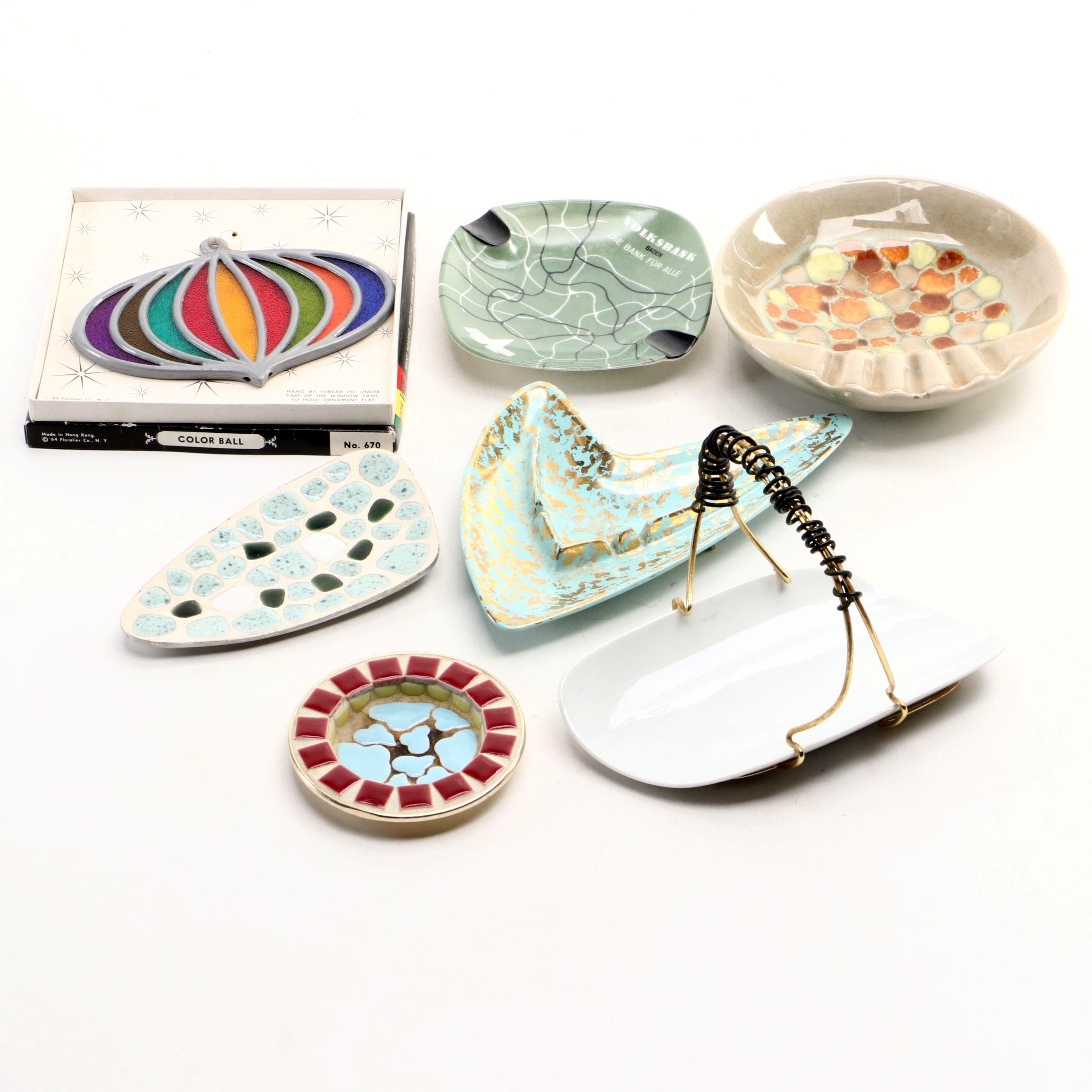 MCM Atomic Style and Other Ceramic, Mosaic Ashtrays, Glass Ornament