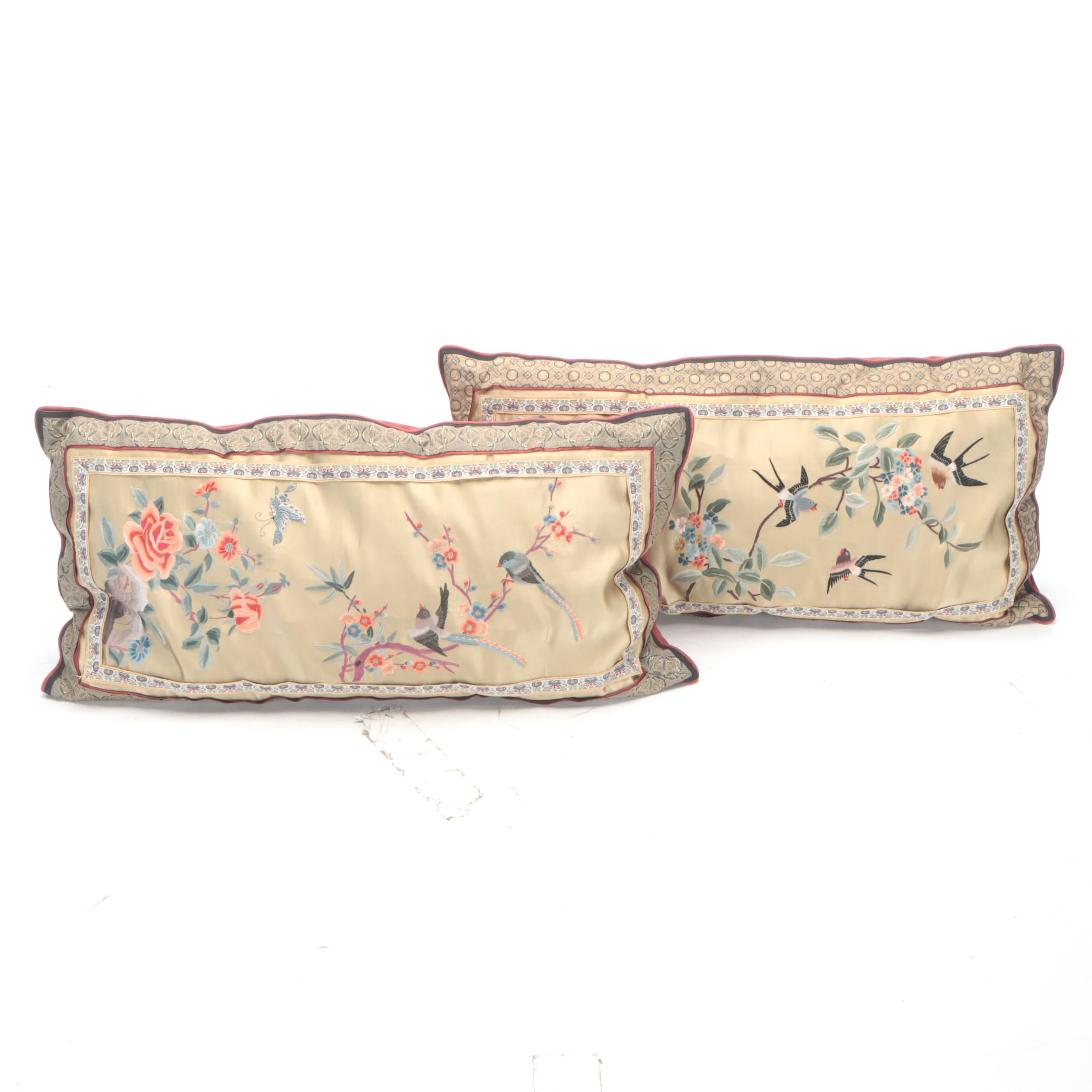 Chinese Bird and Floral Embroidered Silk Accent Pillows