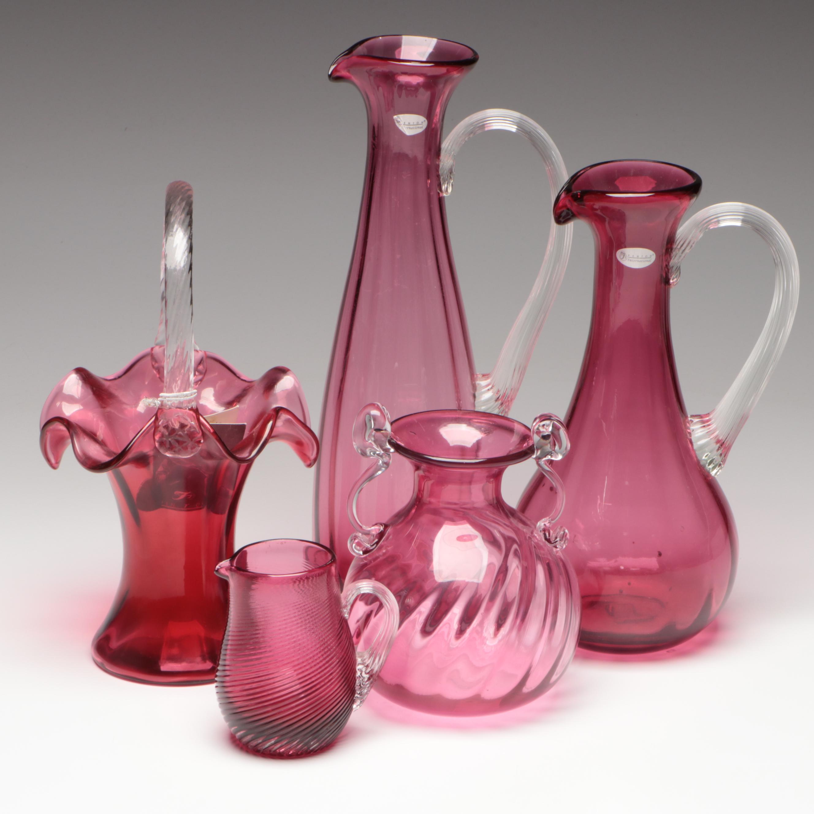 Fenton and Pilgrim Cranberry Glass Pitchers, Vases and Basket