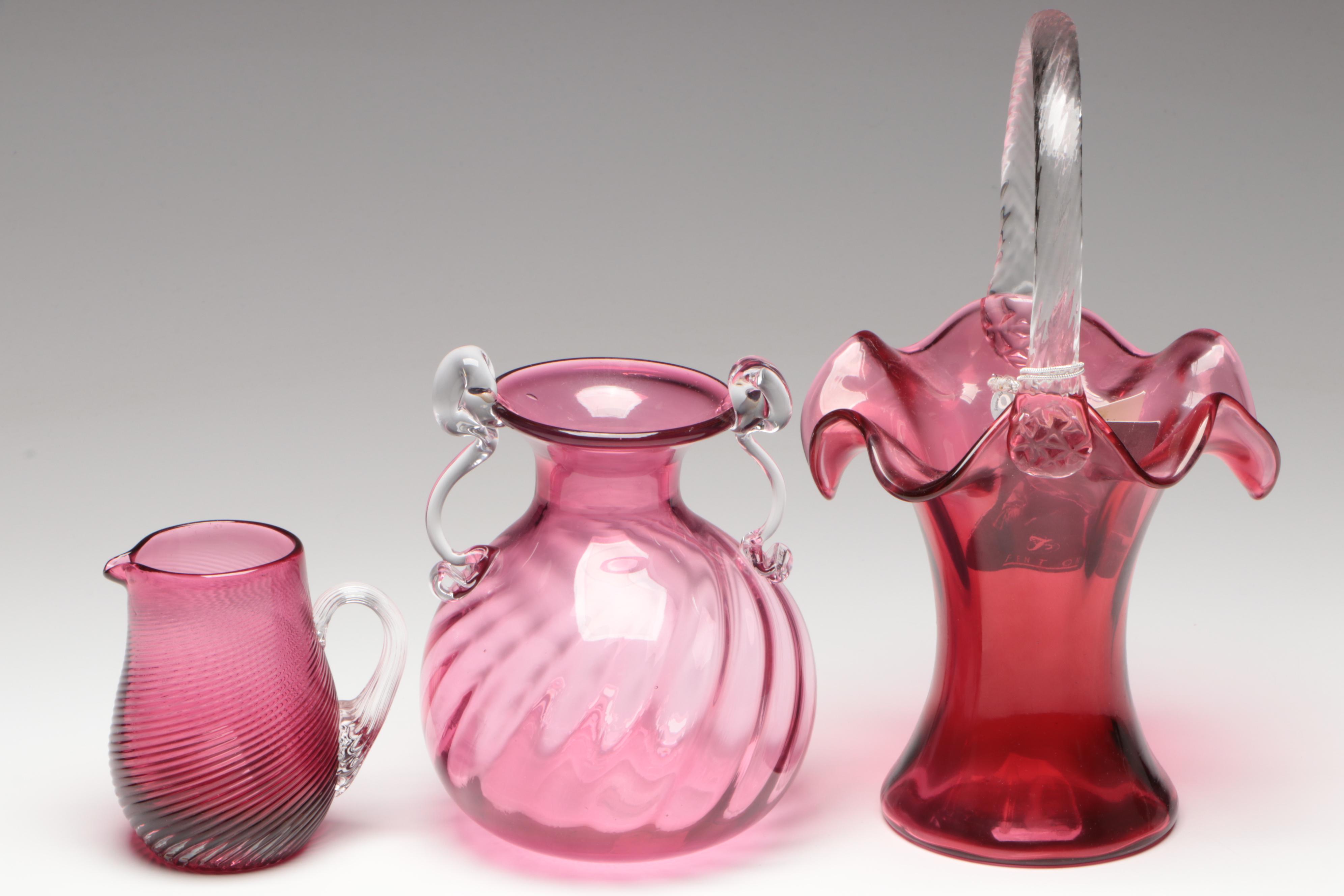 Fenton and Pilgrim Cranberry Glass Pitchers, Vases and Basket