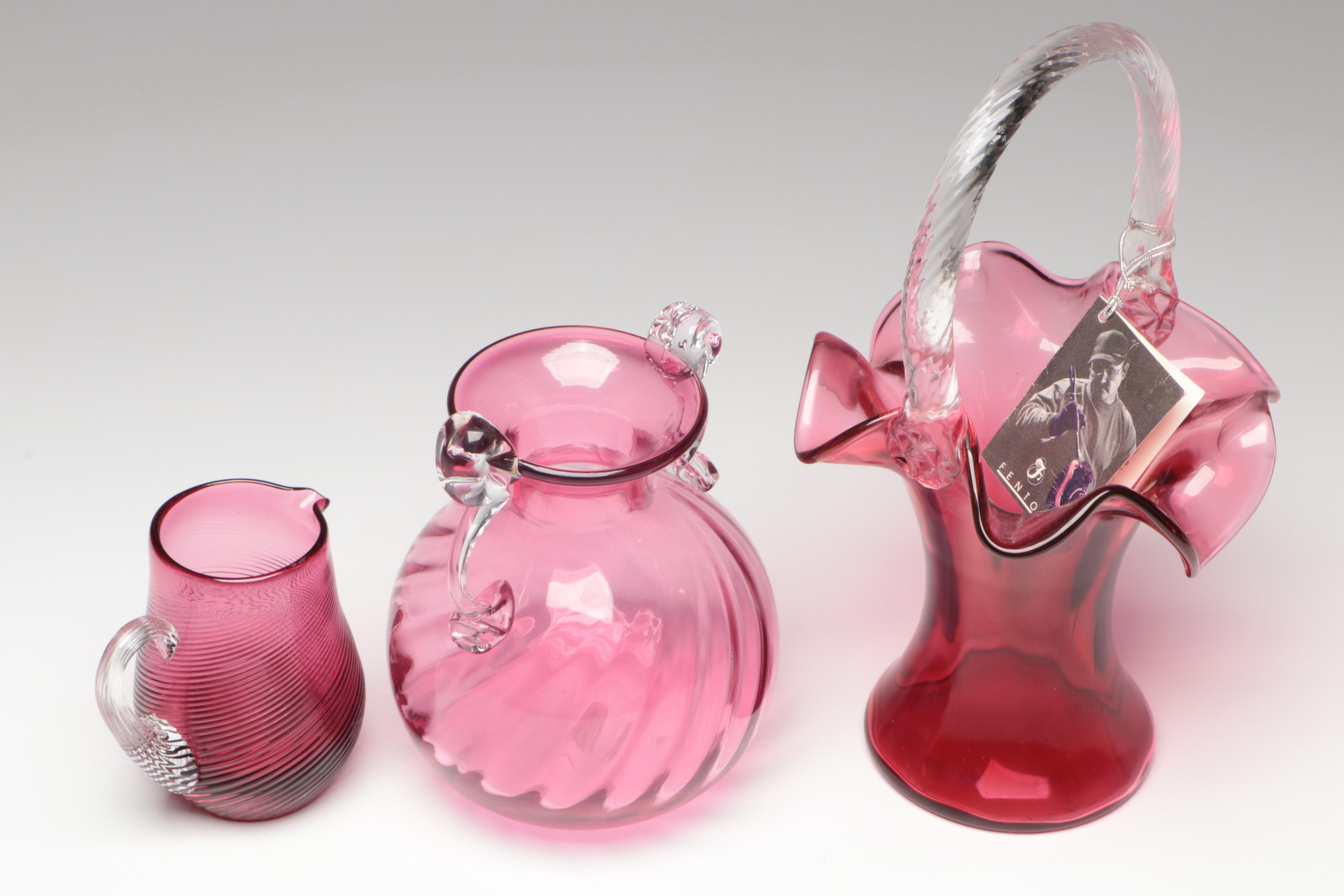 Fenton and Pilgrim Cranberry Glass Pitchers, Vases and Basket