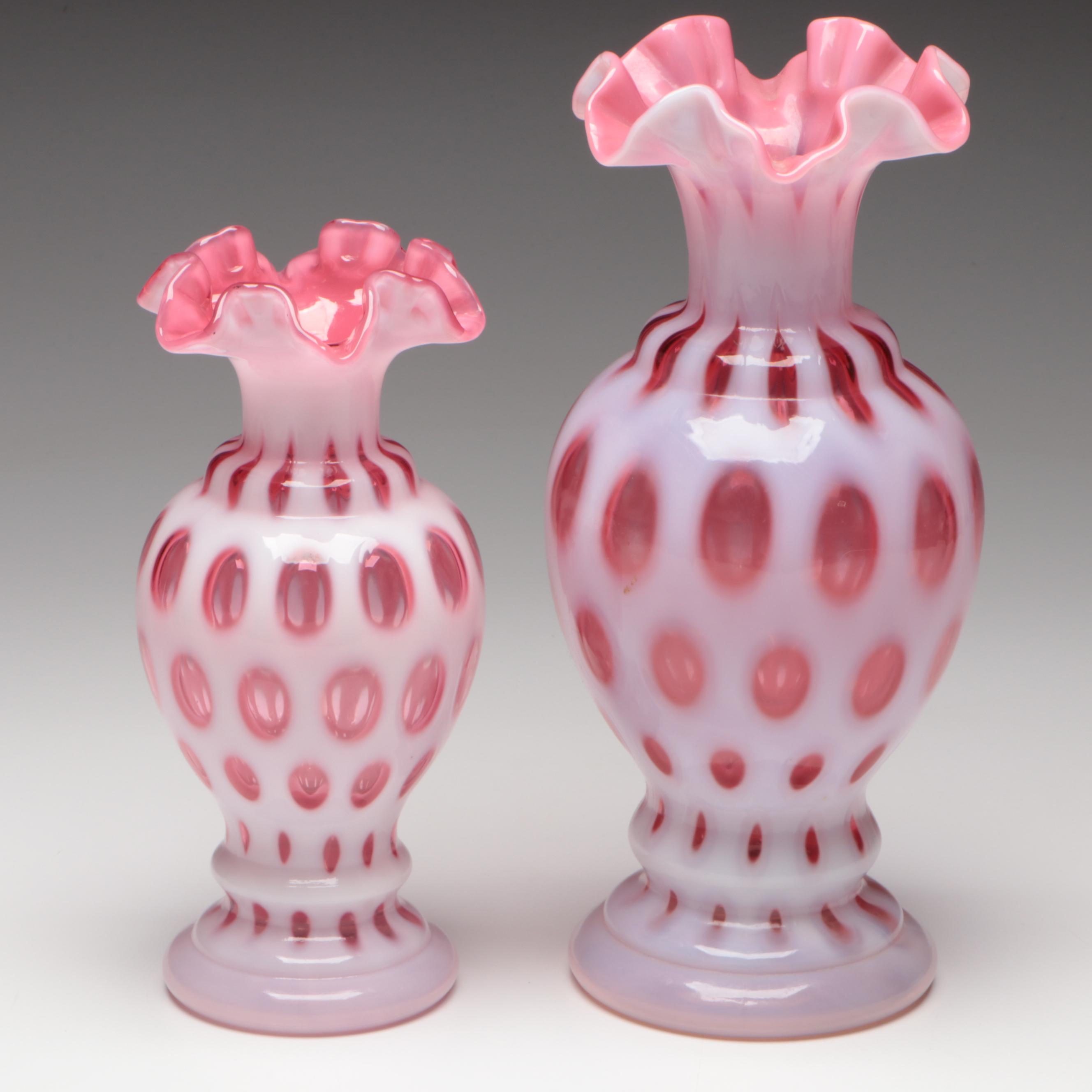 Fenton Ruby Opalescent Optic Glass Crimped Vases