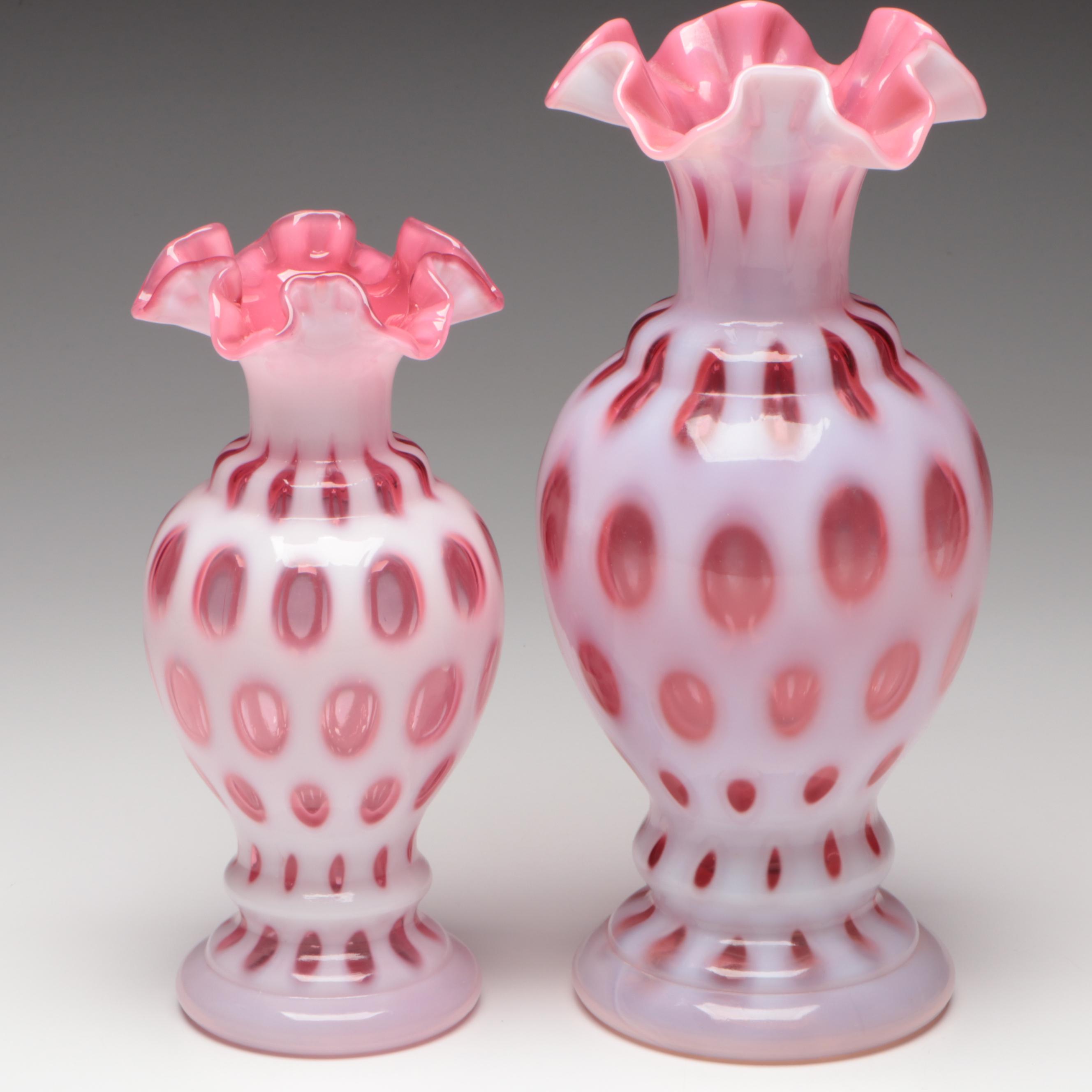 Fenton Ruby Opalescent Optic Glass Crimped Vases