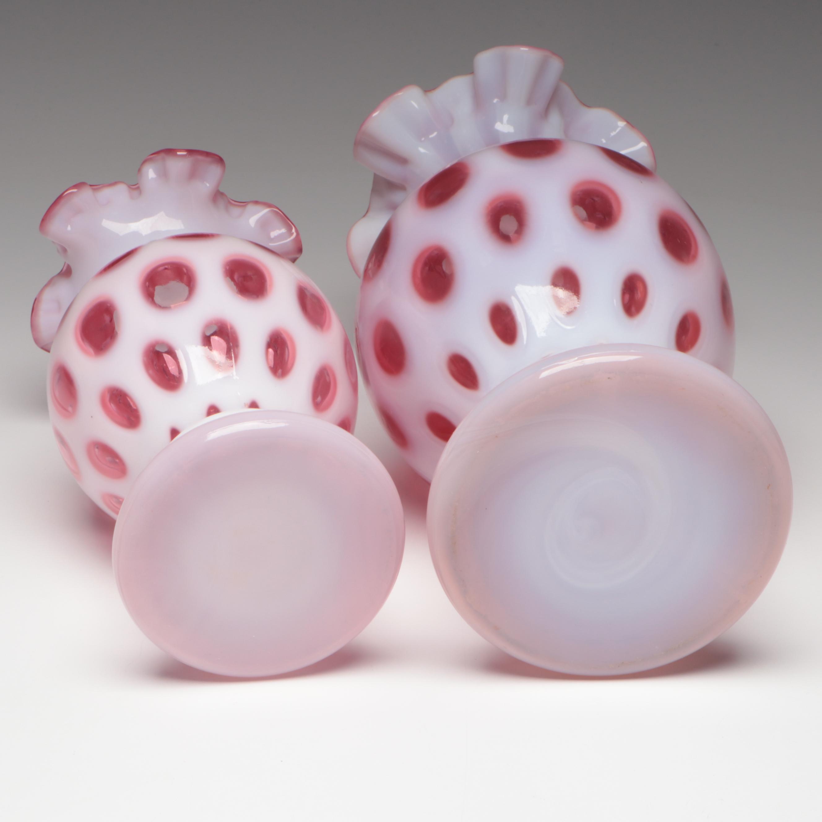 Fenton Ruby Opalescent Optic Glass Crimped Vases