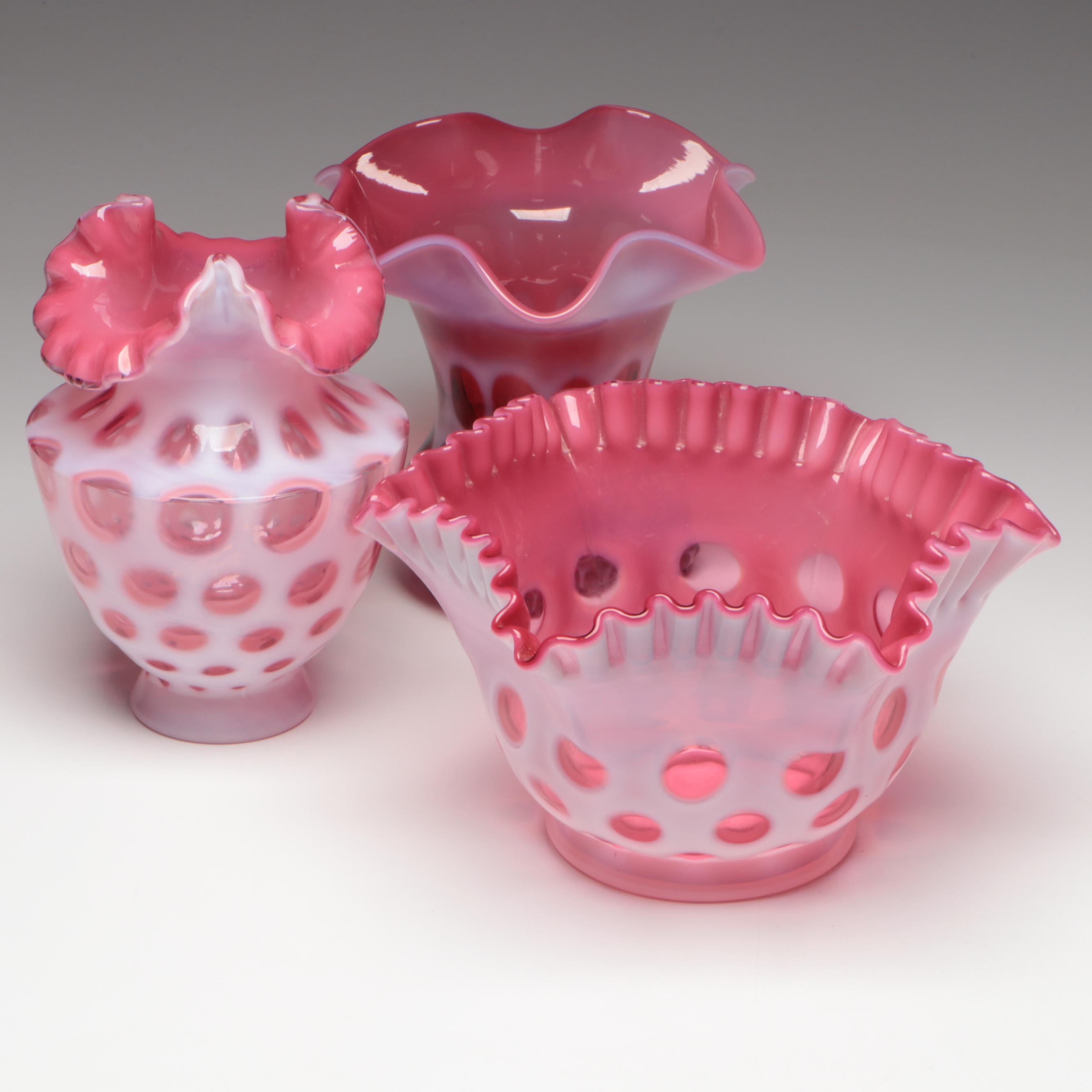 Fenton Ruby Opalescent Optic Coin Dot Crimped Bowl and Vases