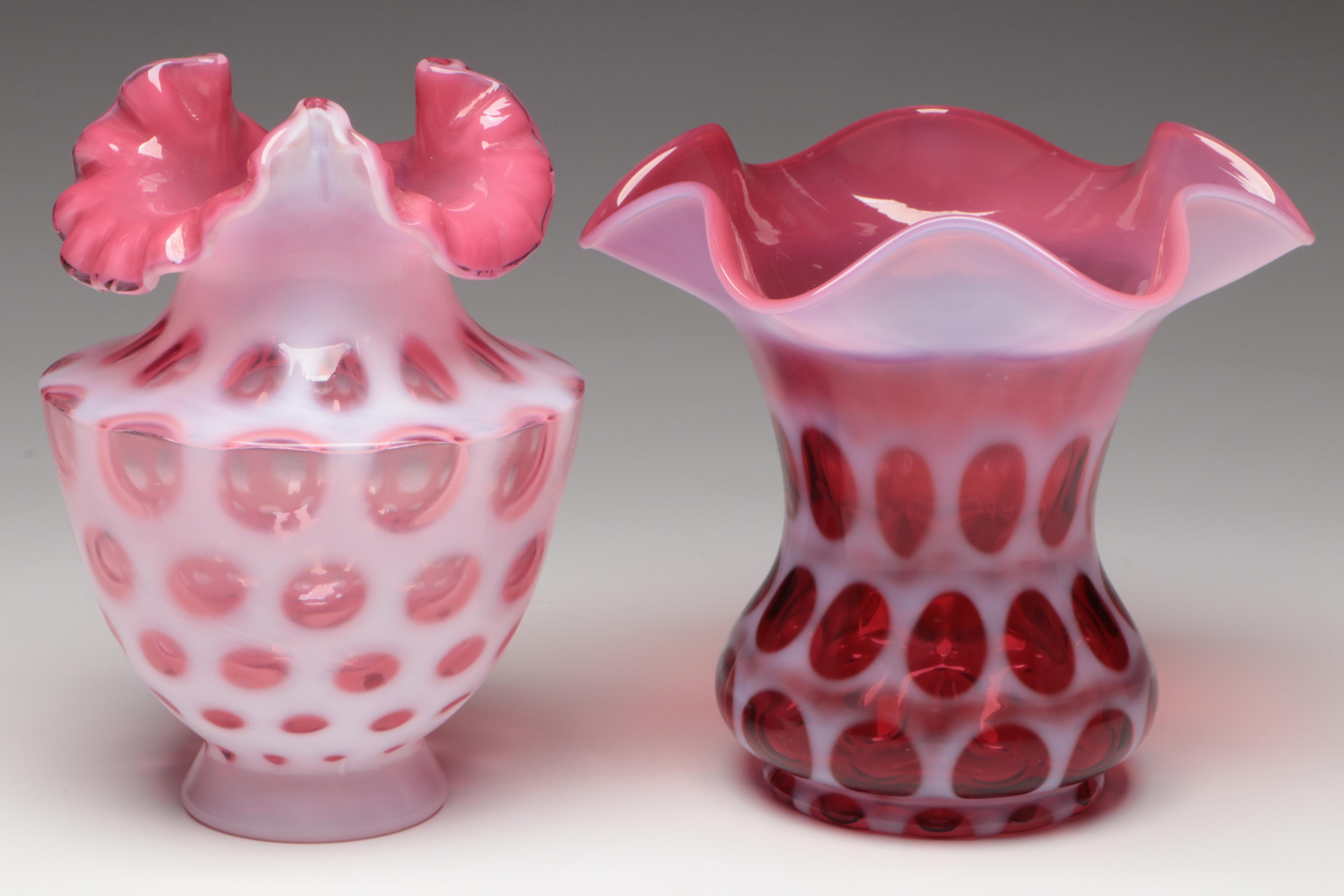 Fenton Ruby Opalescent Optic Coin Dot Crimped Bowl and Vases