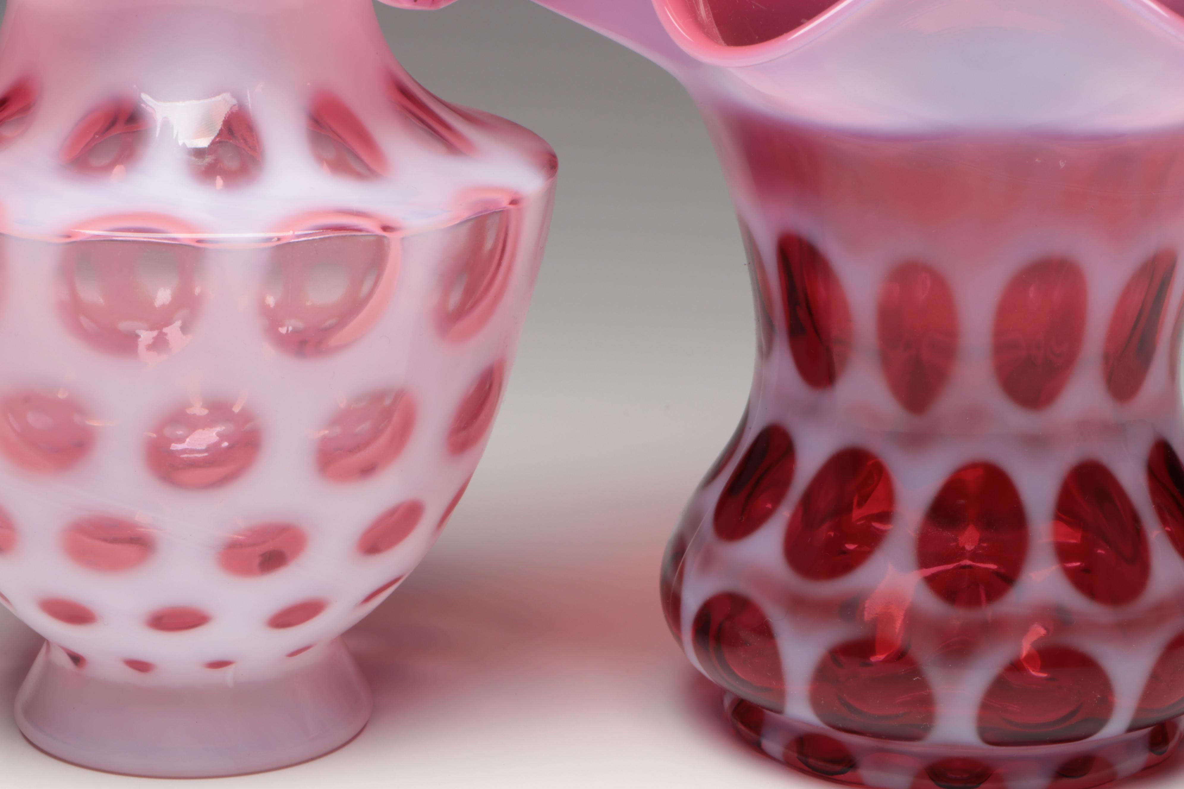 Fenton Ruby Opalescent Optic Coin Dot Crimped Bowl and Vases