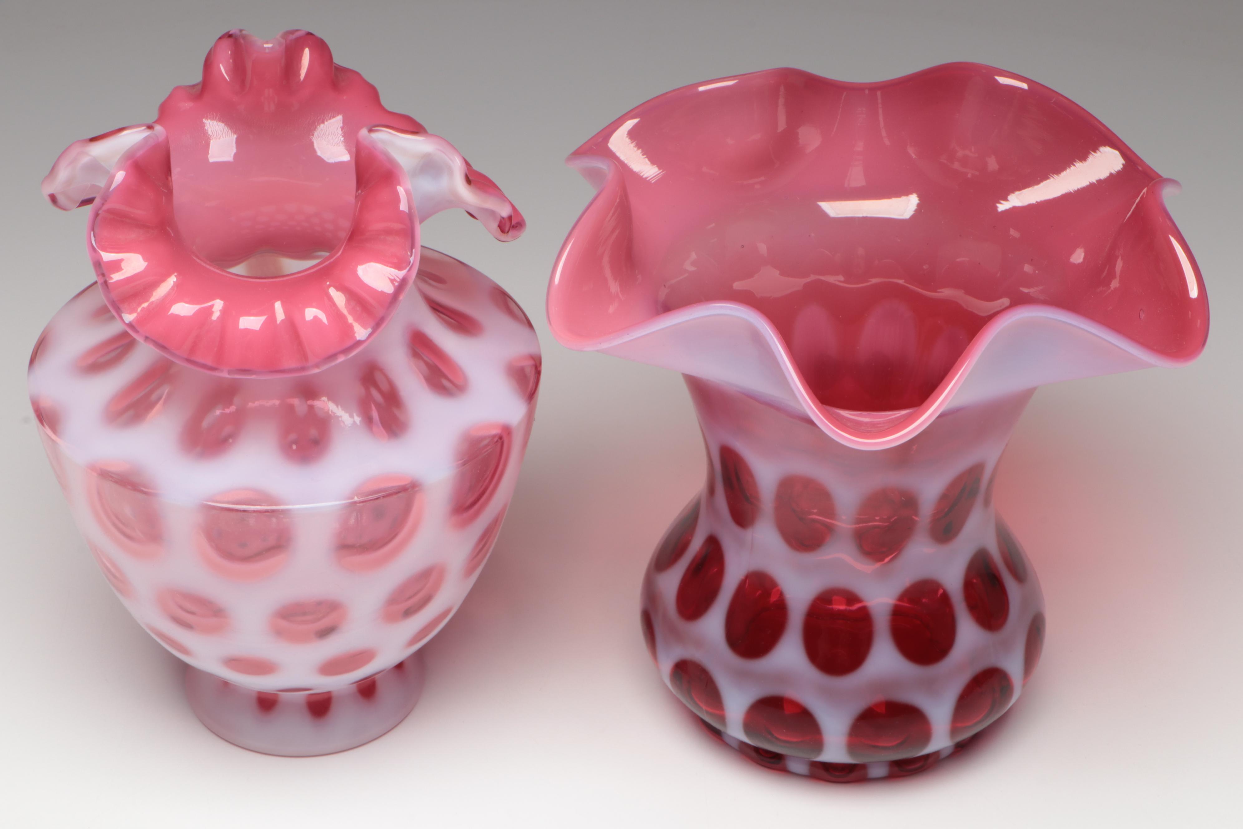 Fenton Ruby Opalescent Optic Coin Dot Crimped Bowl and Vases