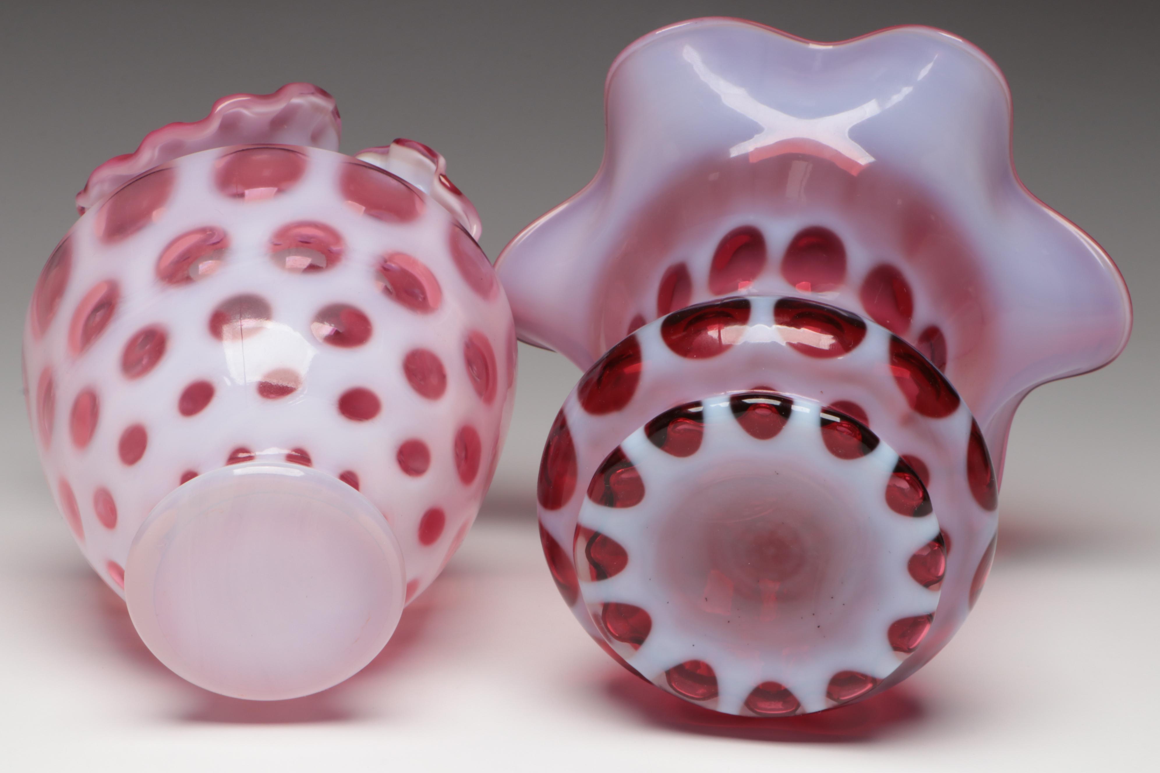 Fenton Ruby Opalescent Optic Coin Dot Crimped Bowl and Vases