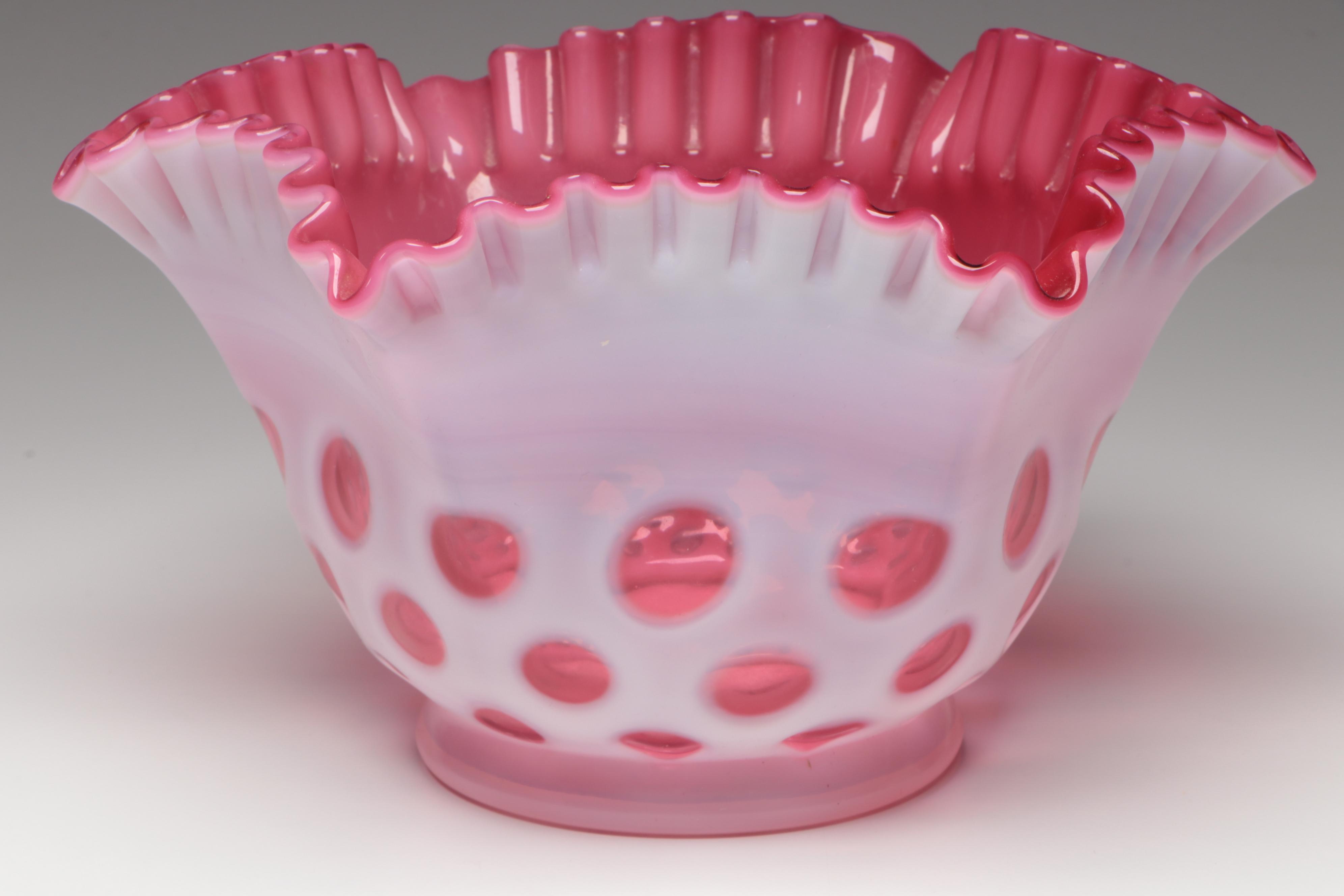 Fenton Ruby Opalescent Optic Coin Dot Crimped Bowl and Vases