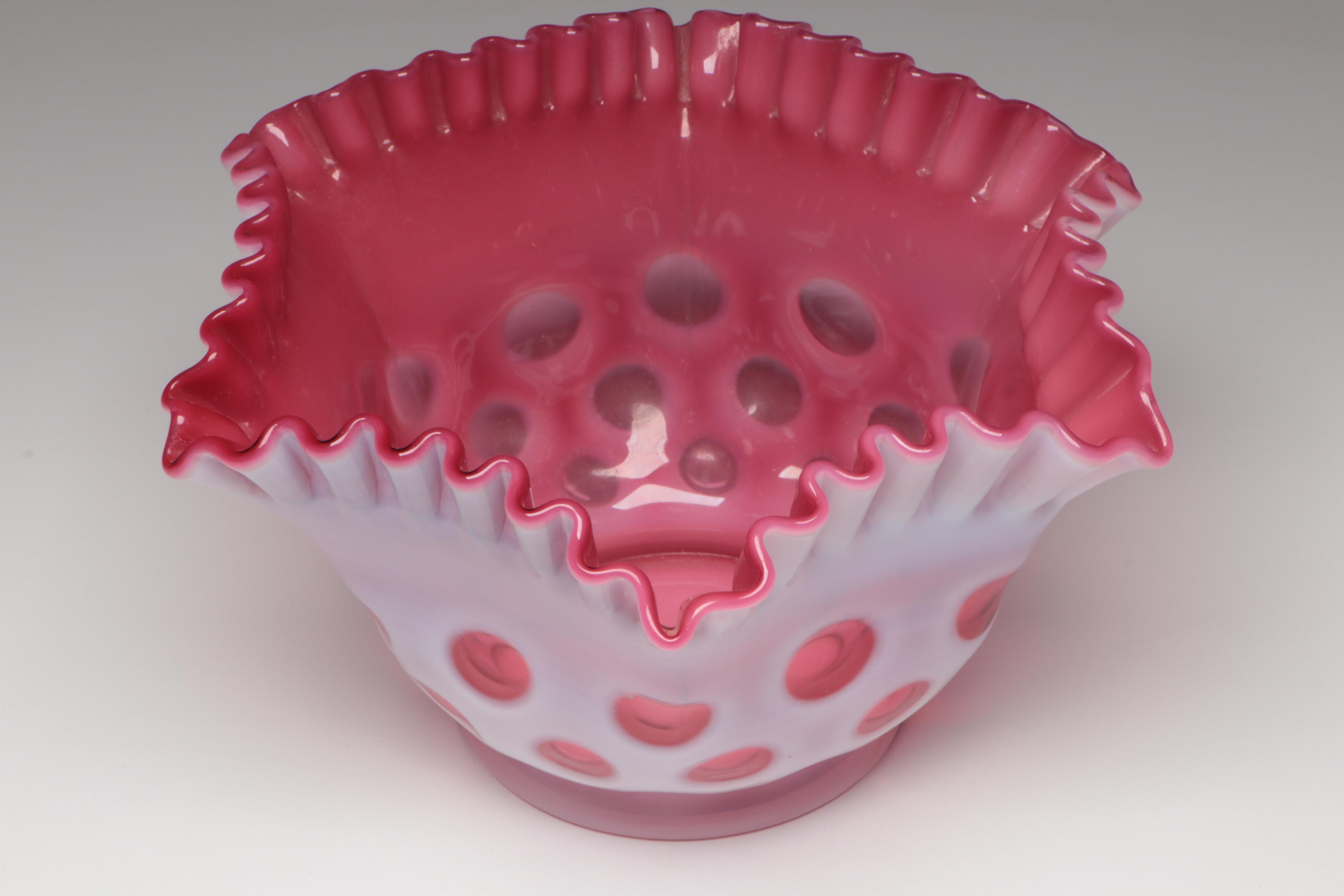 Fenton Ruby Opalescent Optic Coin Dot Crimped Bowl and Vases