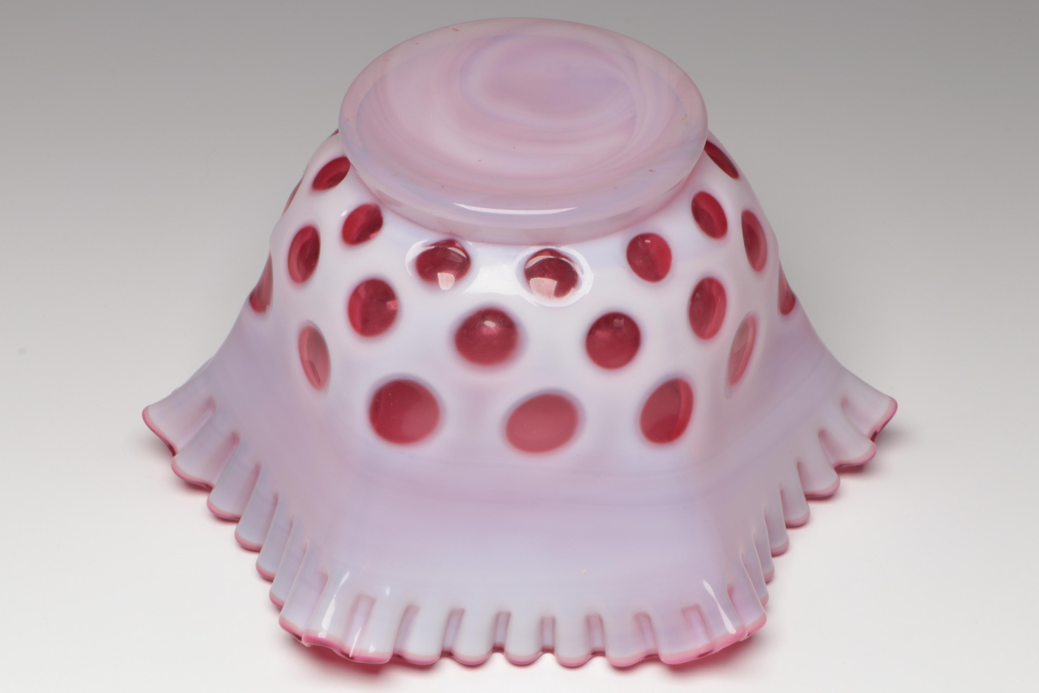 Fenton Ruby Opalescent Optic Coin Dot Crimped Bowl and Vases