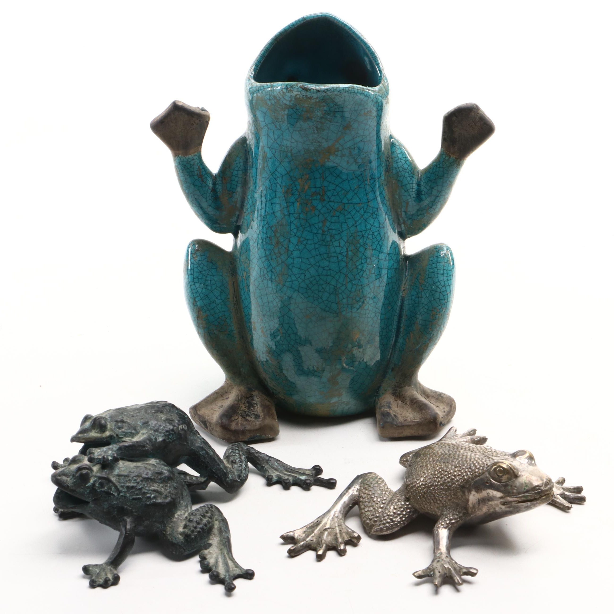 Hobby Lobby Glazed Ceramic Frog Vase with Metal Frog Figurines