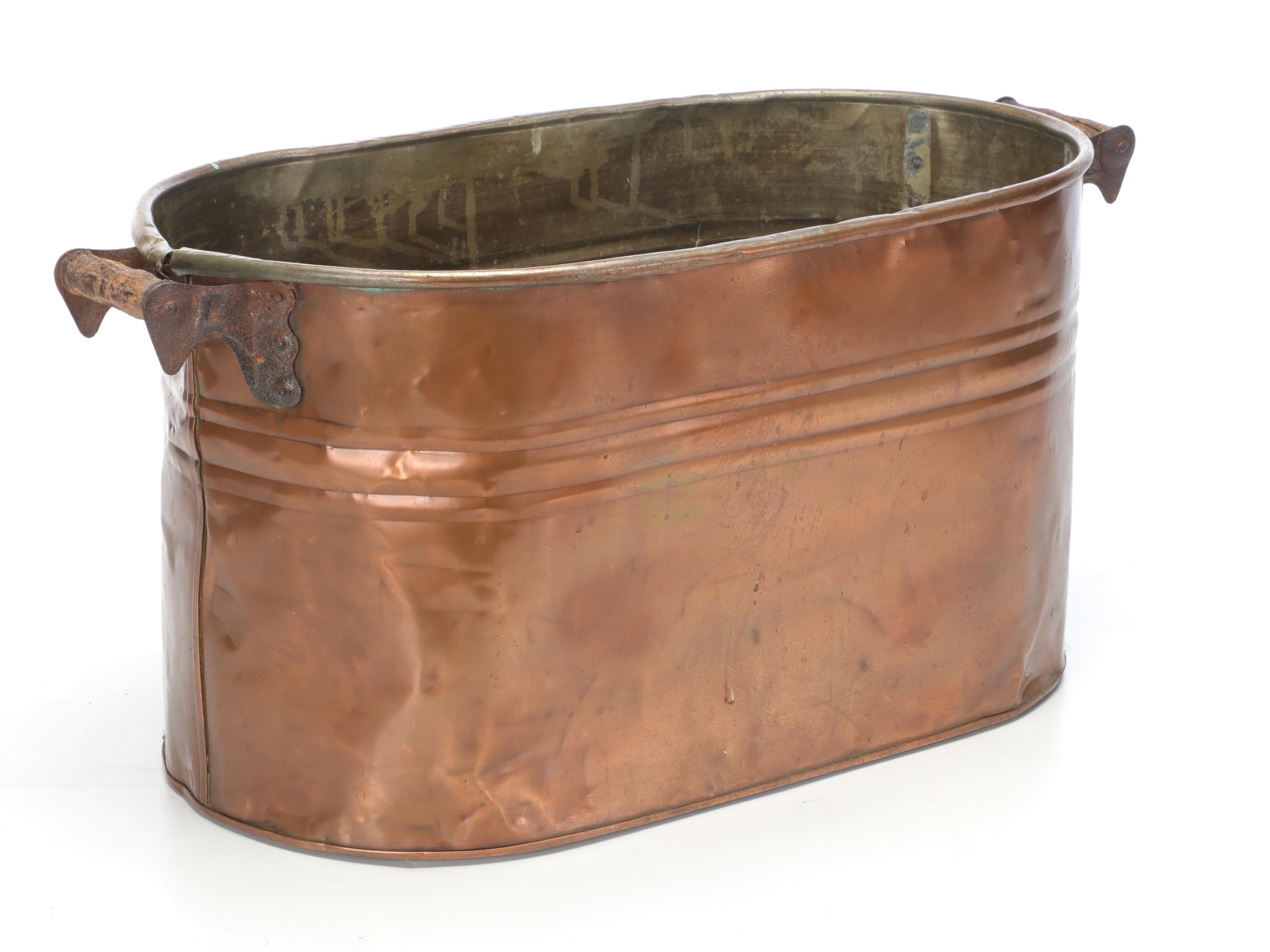 Copper Boiler with Wooden Handles and Smaller Metal Vase