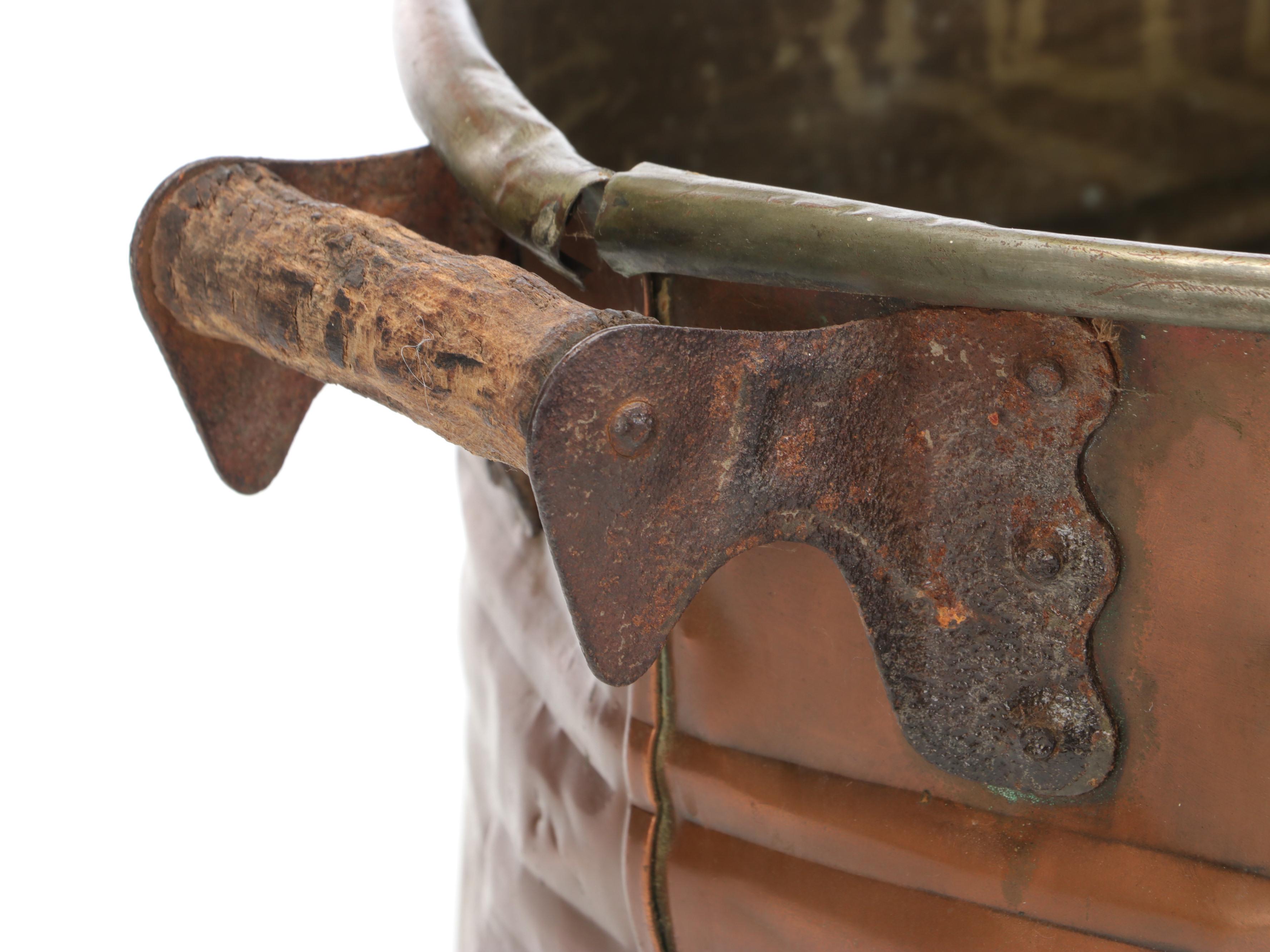 Copper Boiler with Wooden Handles and Smaller Metal Vase
