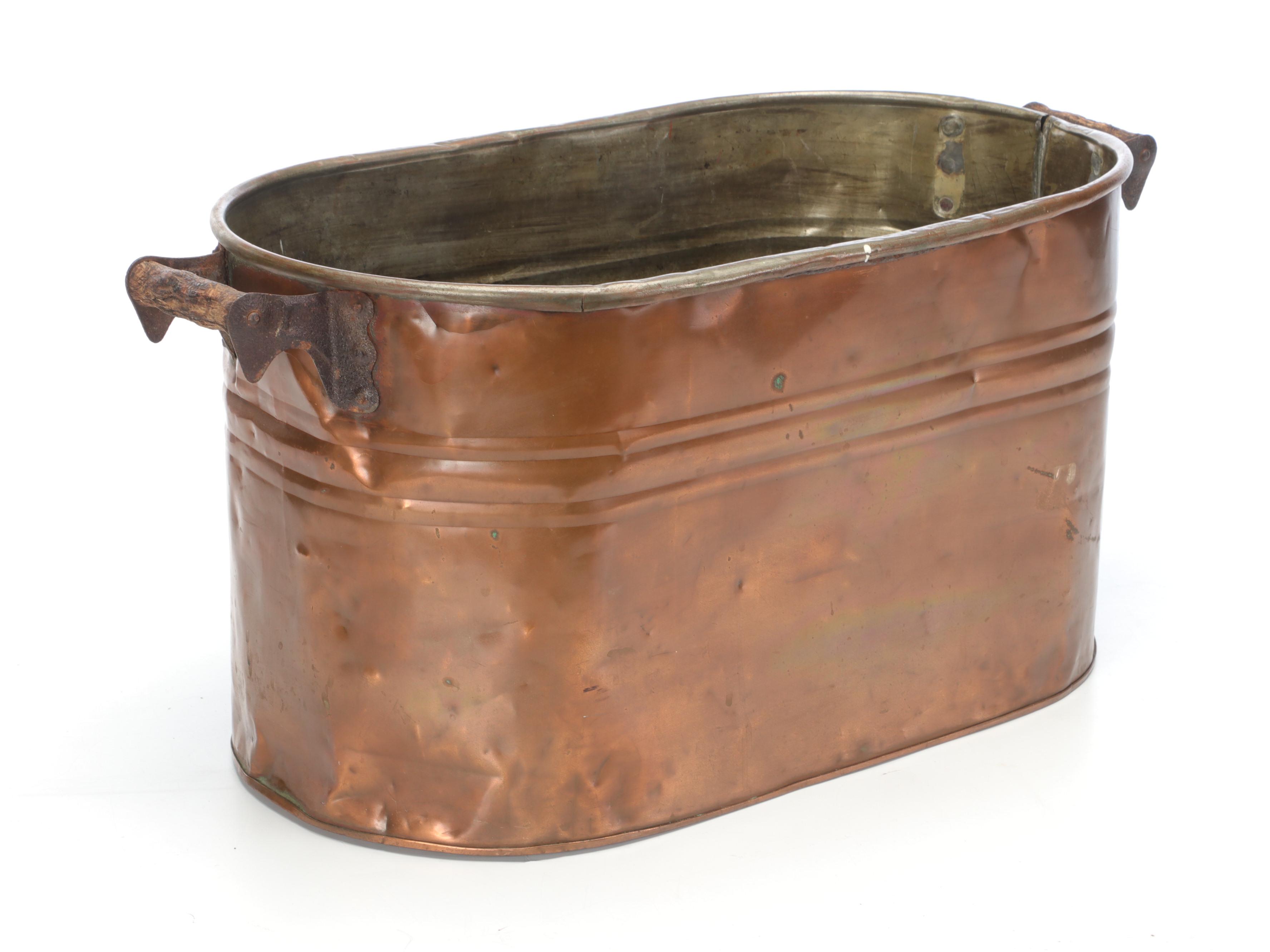 Copper Boiler with Wooden Handles and Smaller Metal Vase