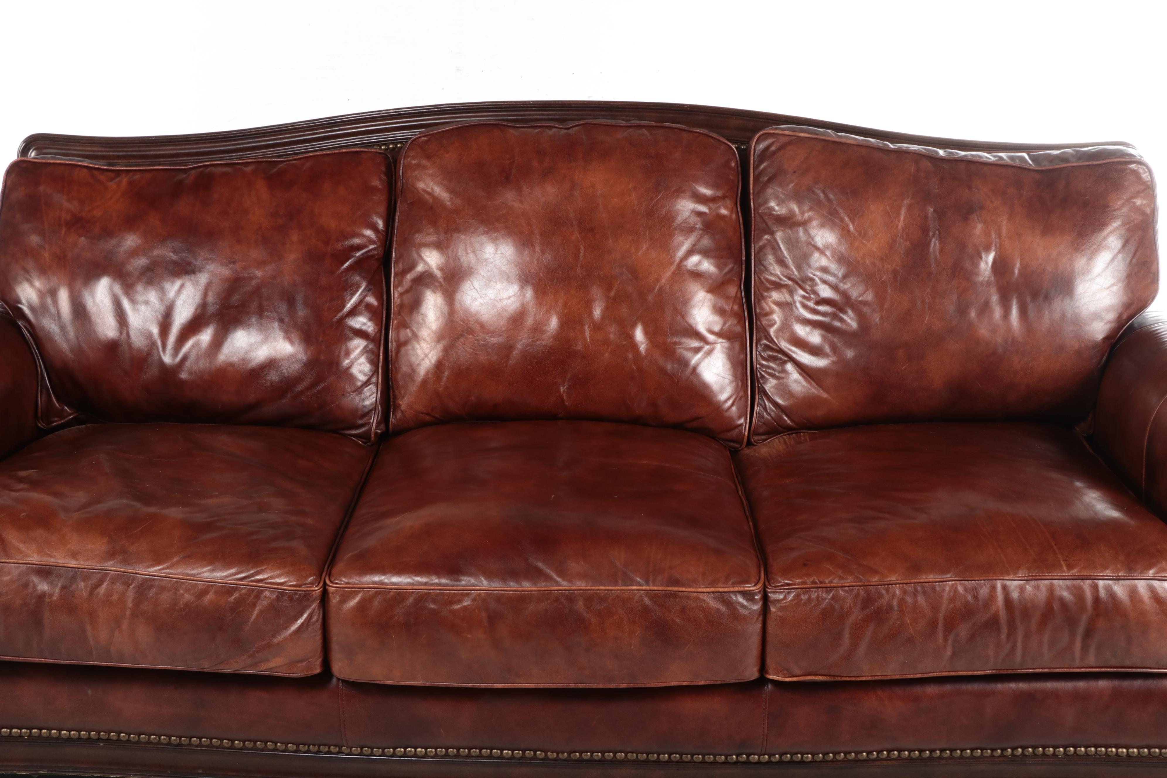 Henredon Upholstery Collection Leather and Brass-Tacked Sofa