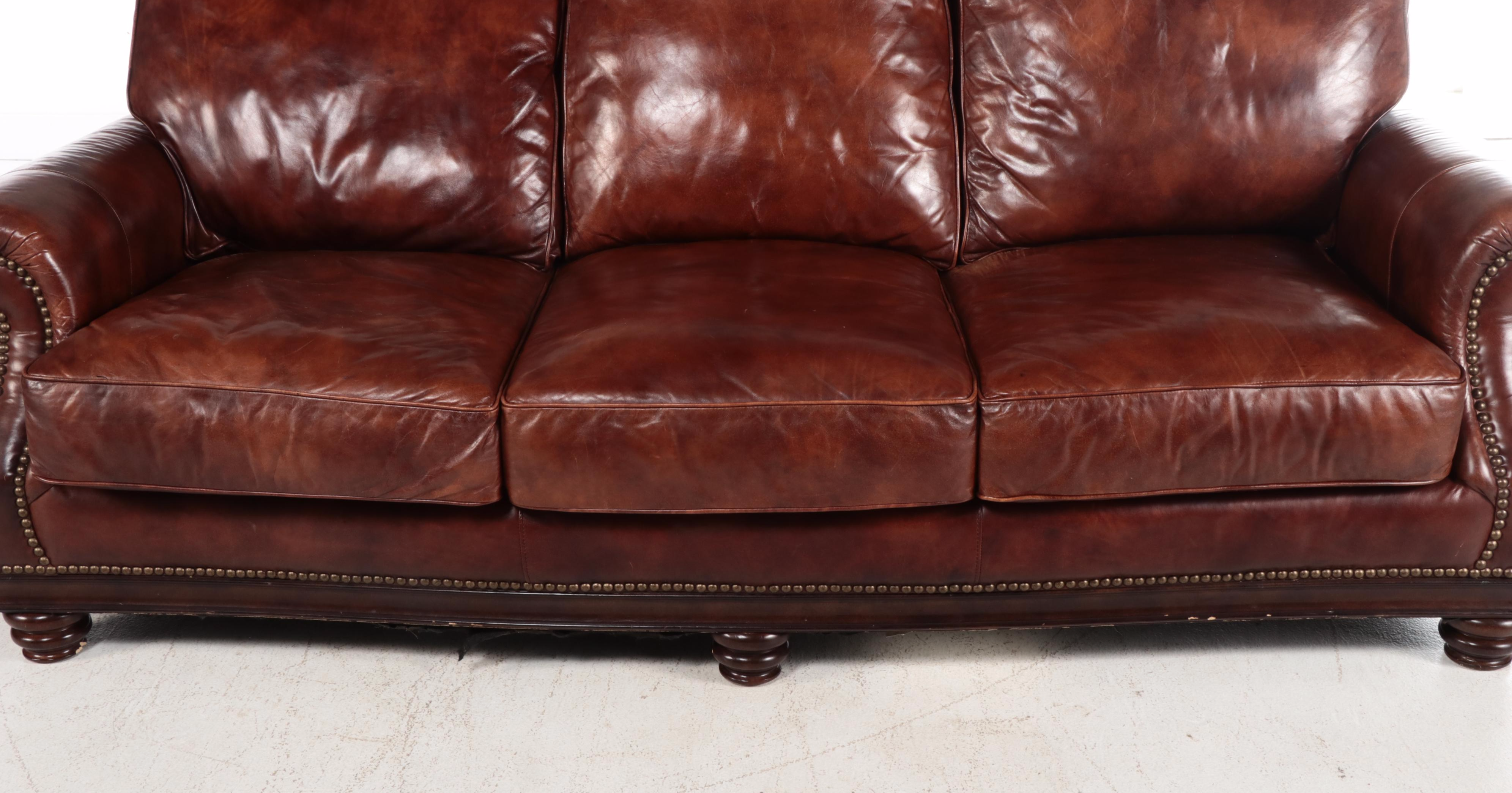 Henredon Upholstery Collection Leather and Brass-Tacked Sofa