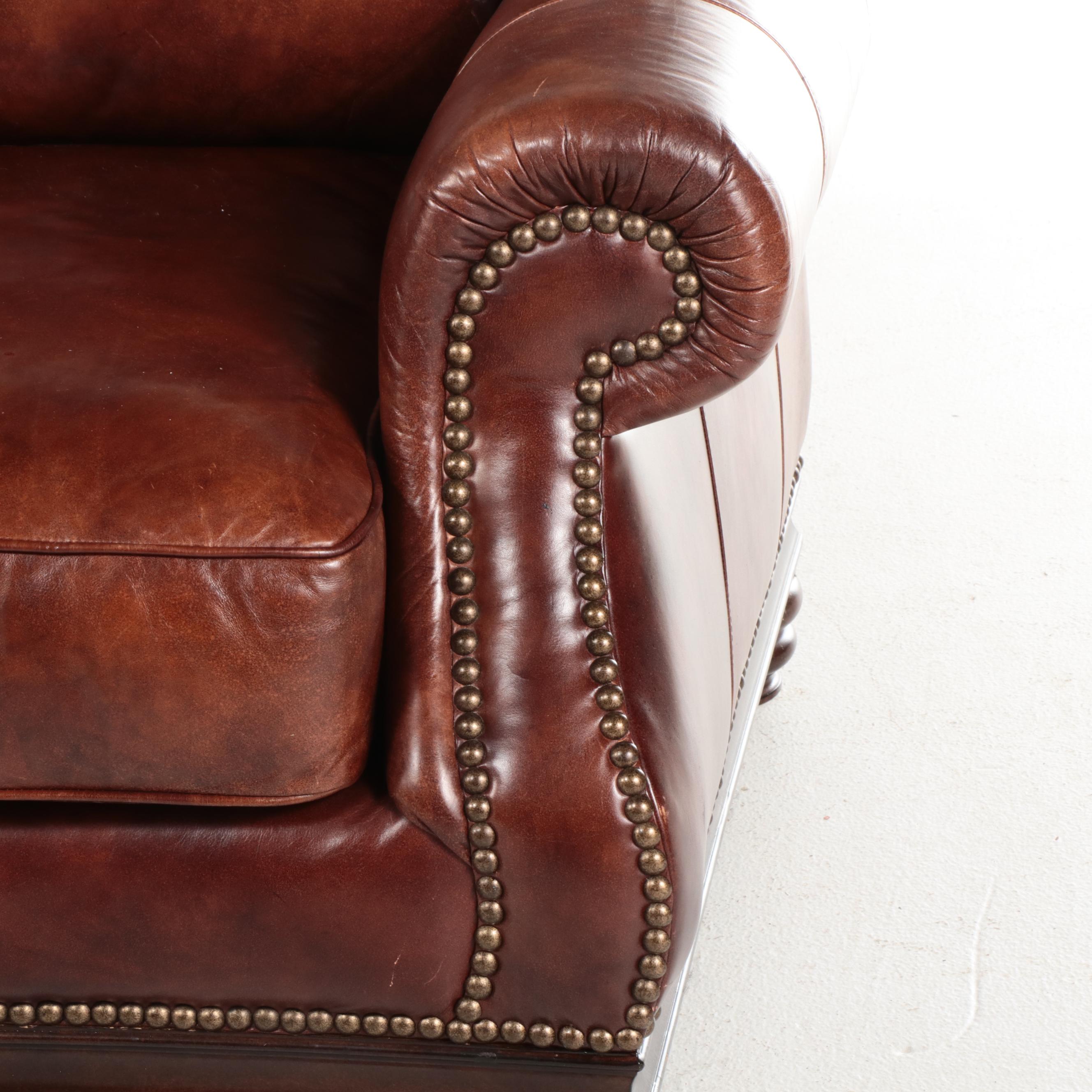 Henredon Upholstery Collection Leather and Brass-Tacked Sofa