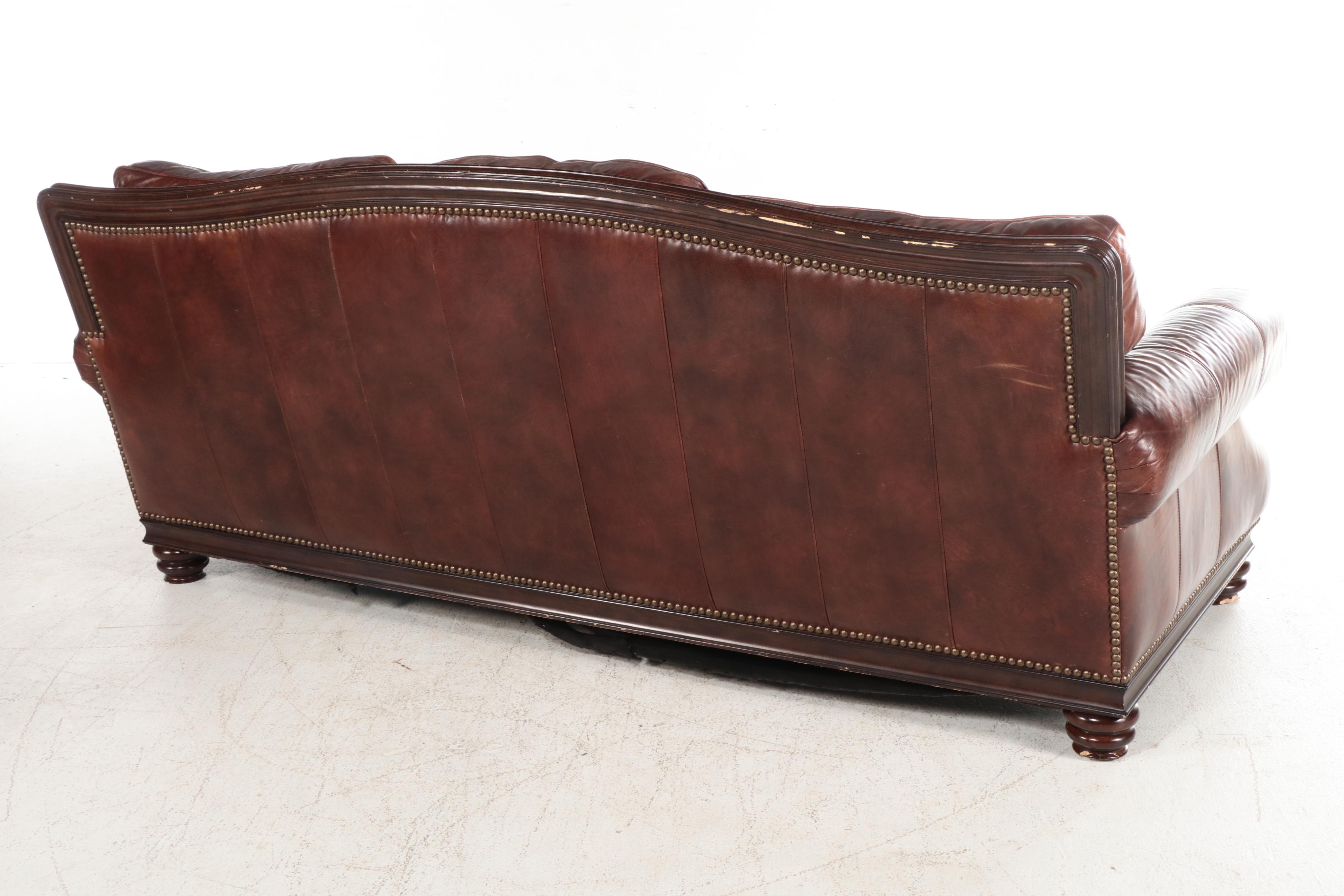 Henredon Upholstery Collection Leather and Brass-Tacked Sofa