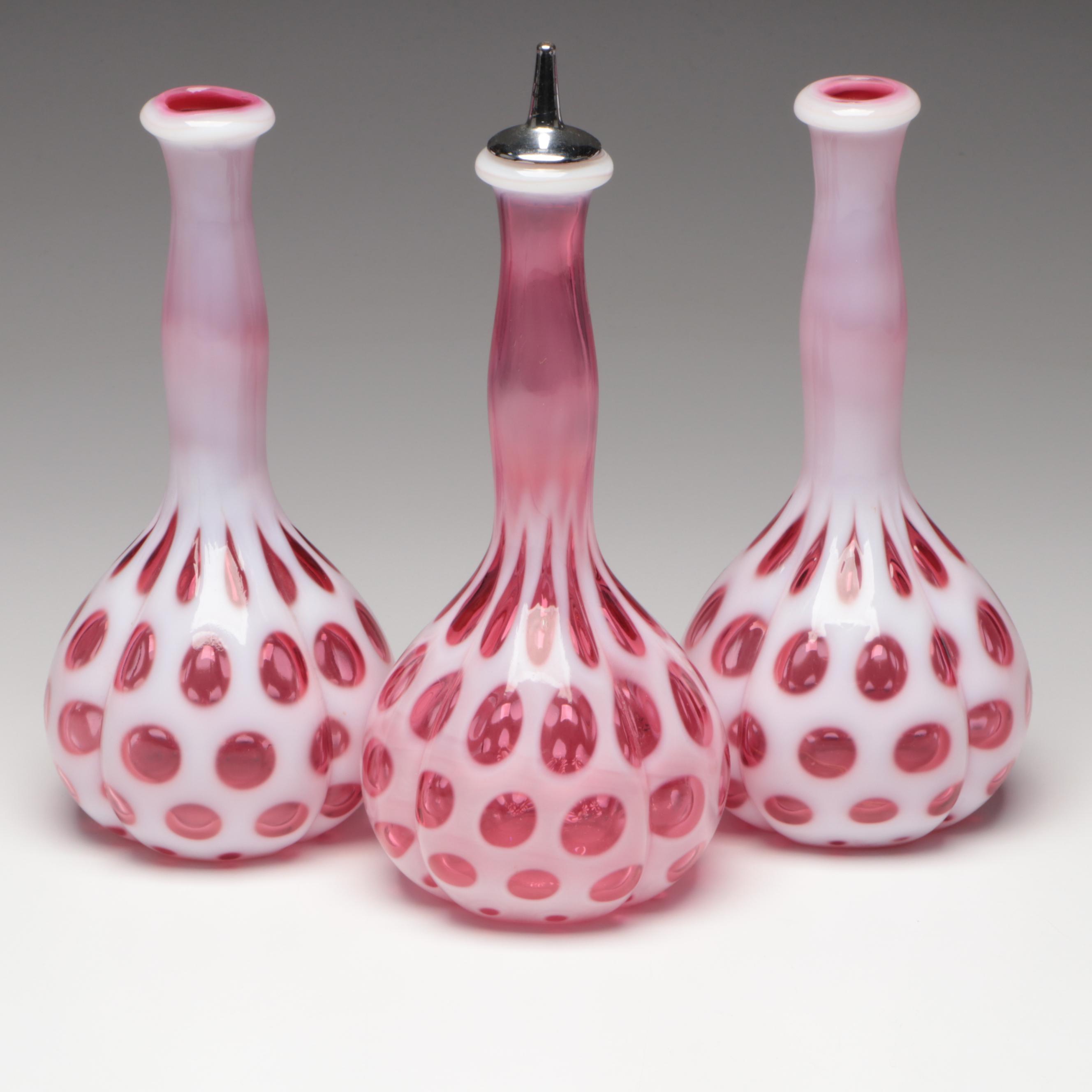 Fenton Ruby Opalescent Glass Optic Coin Dot Barber Bottles