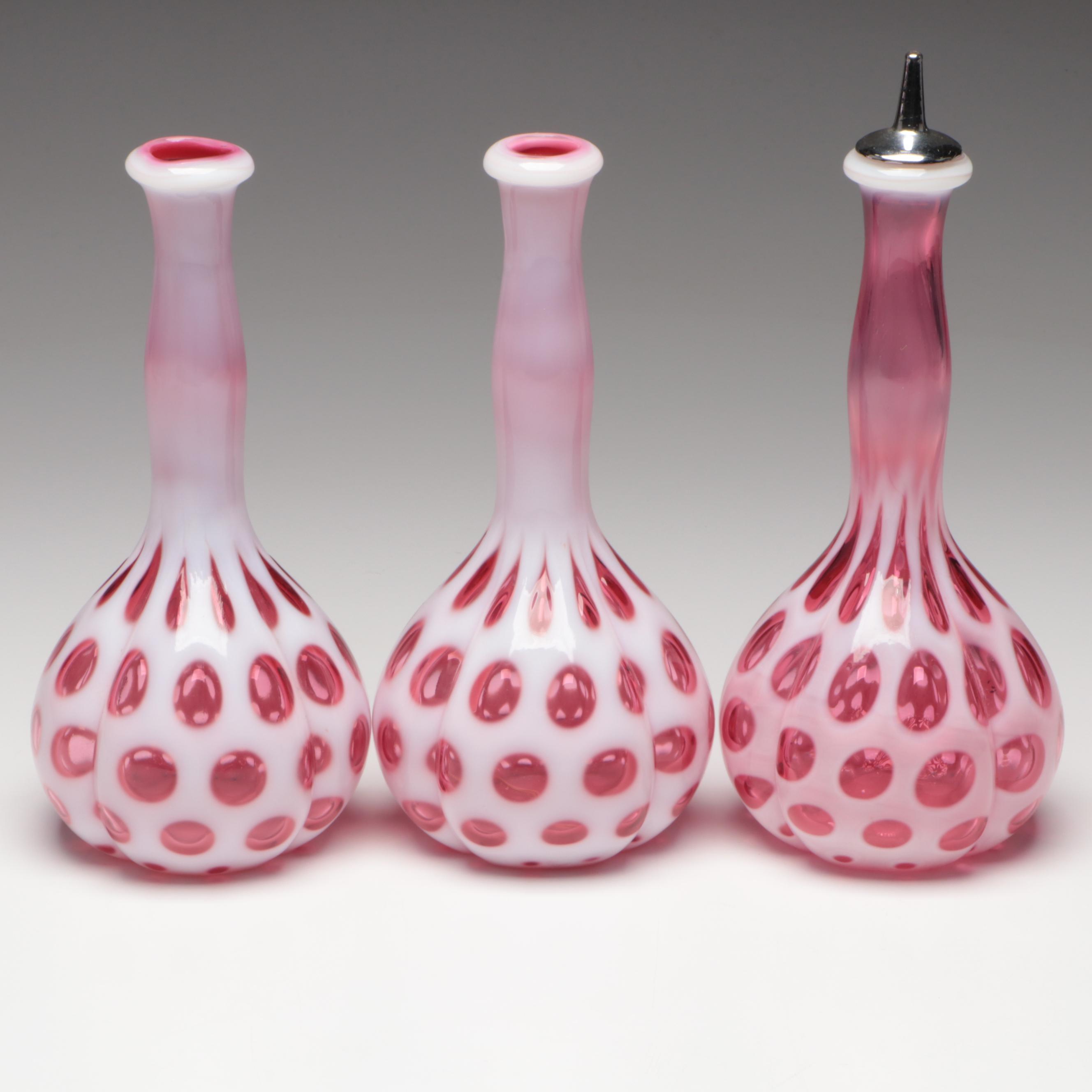 Fenton Ruby Opalescent Glass Optic Coin Dot Barber Bottles