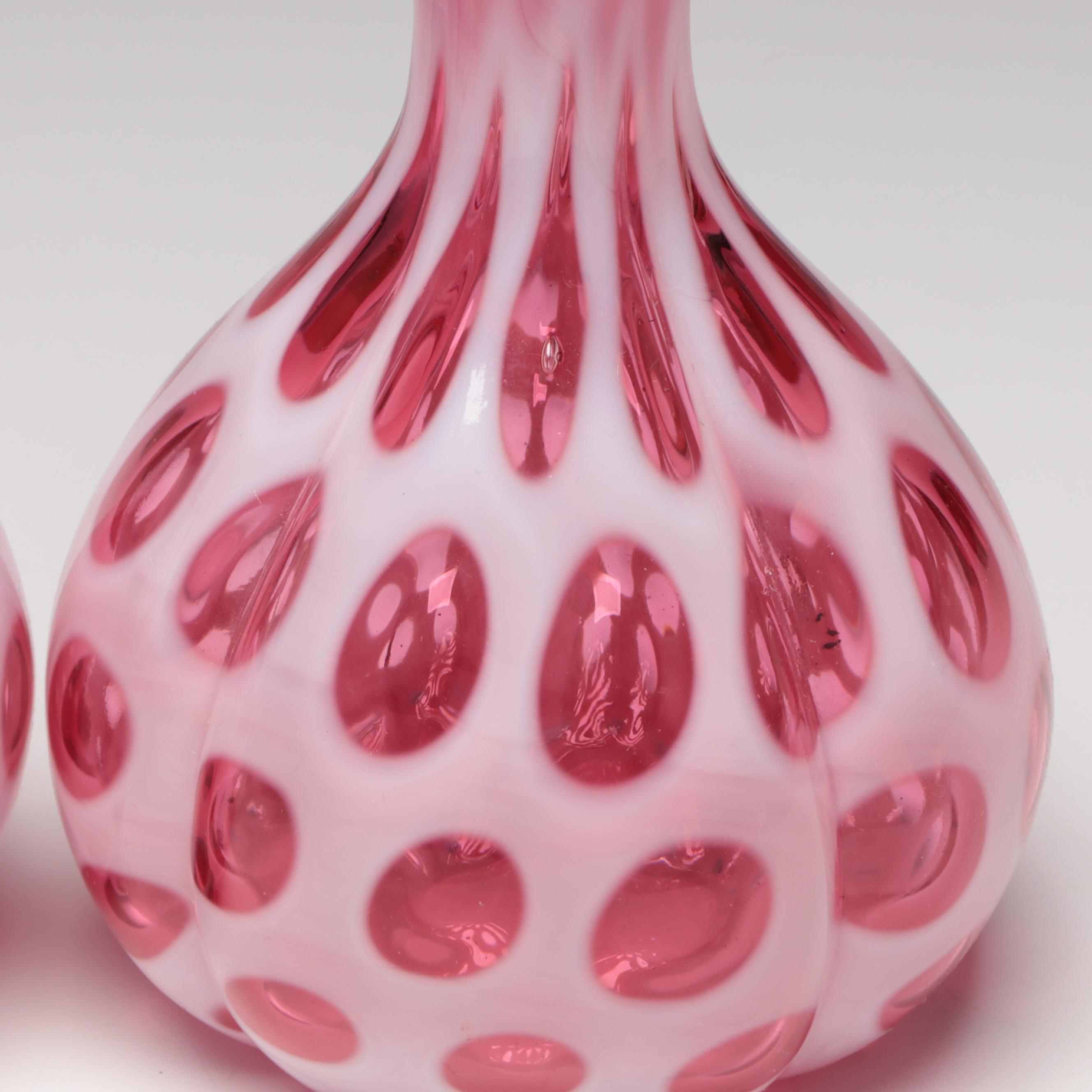 Fenton Ruby Opalescent Glass Optic Coin Dot Barber Bottles