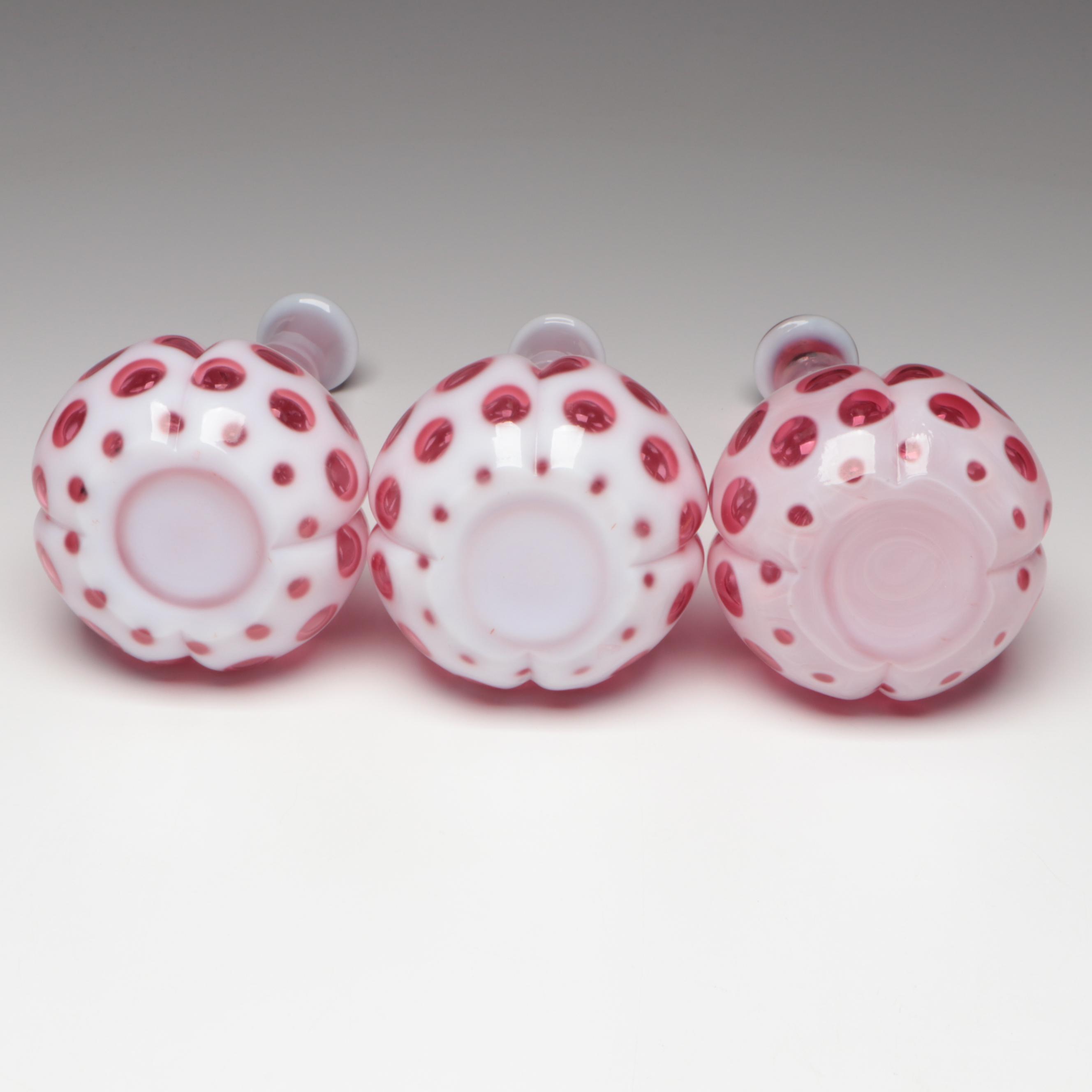 Fenton Ruby Opalescent Glass Optic Coin Dot Barber Bottles