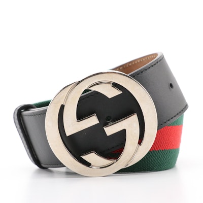 Gucci Interlocking GG Sherry Line Web Stripe and Black Leather Belt