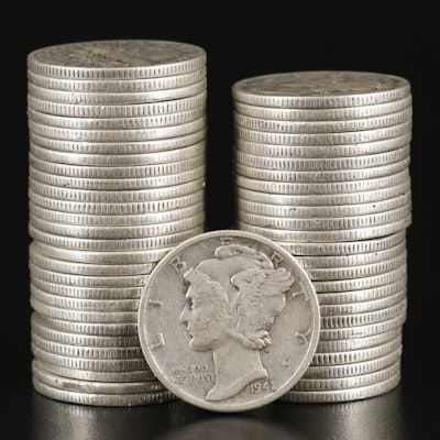 Roll of Fifty Silver Mercury Dimes All After 1940