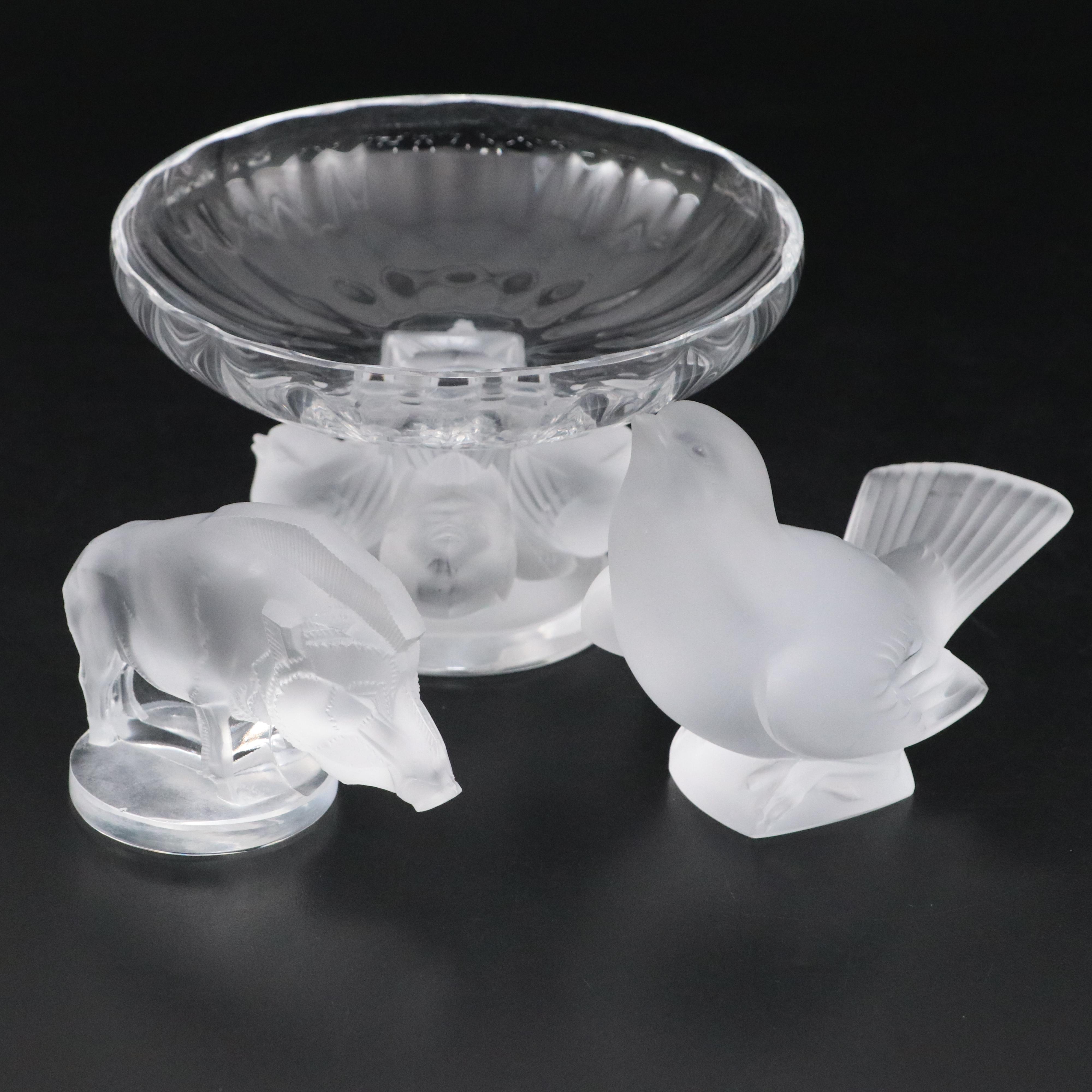 Lalique Crystal "Nogent" Centerpiece Bowl With Boar and Sparrow Figures