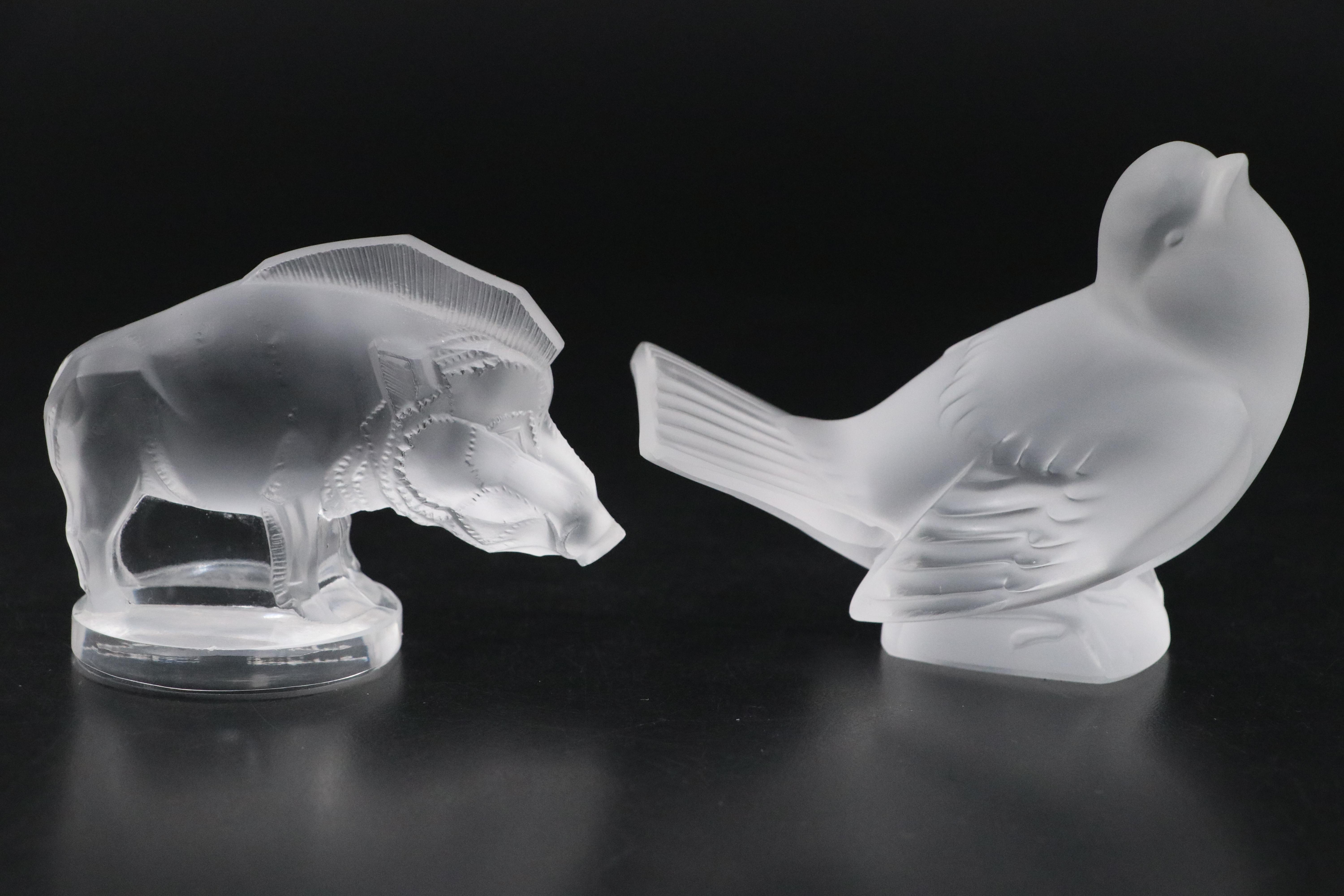 Lalique Crystal "Nogent" Centerpiece Bowl With Boar and Sparrow Figures