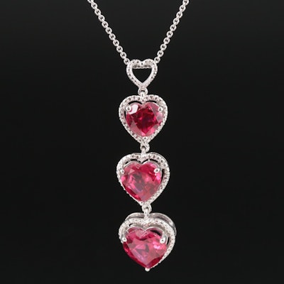 Sterling Ruby and Diamond Triple Heart Pendant Necklace