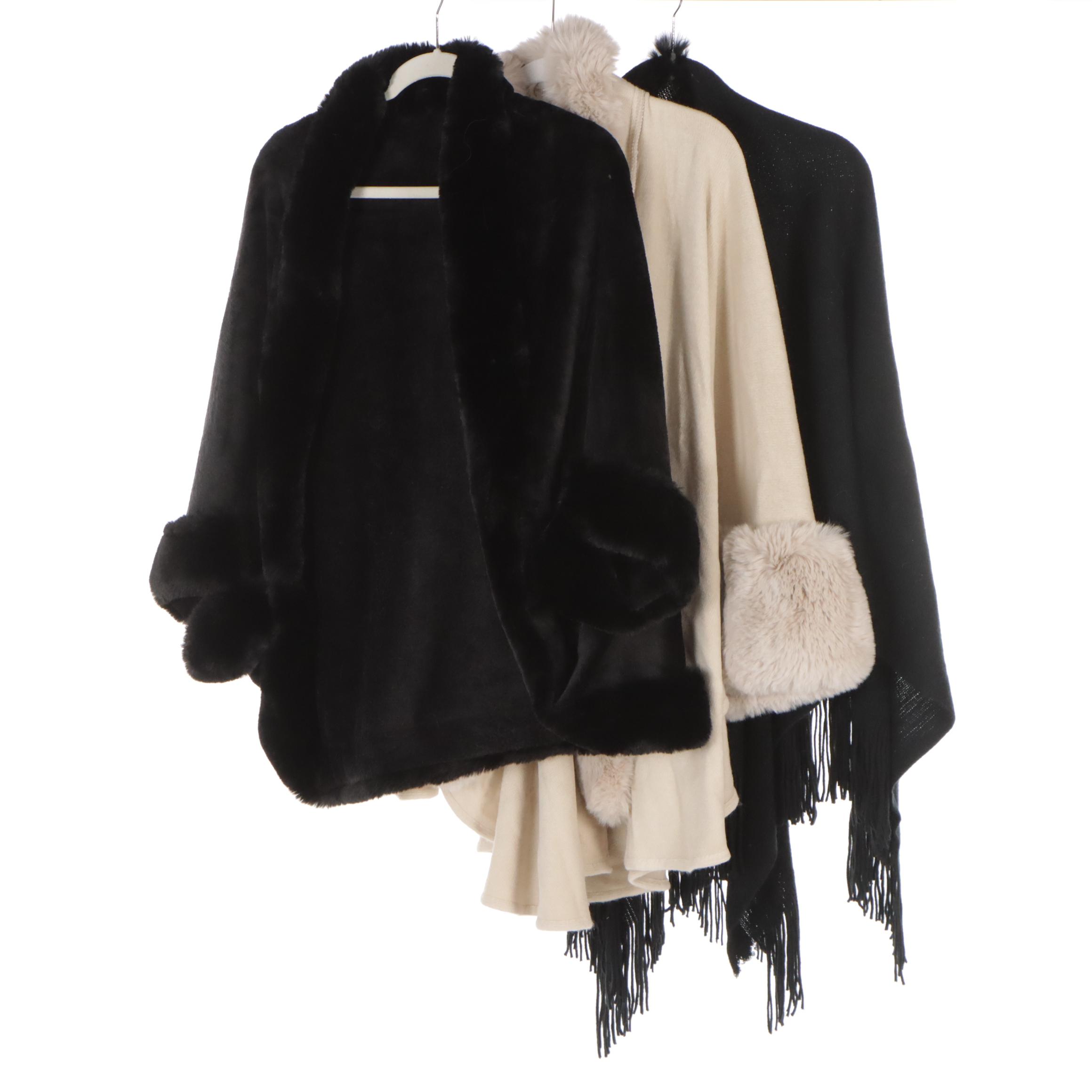 Knit Wrap with Rabbit Fur Trim with Faux Fur, and Faux Fur and Knit Cape Jackets